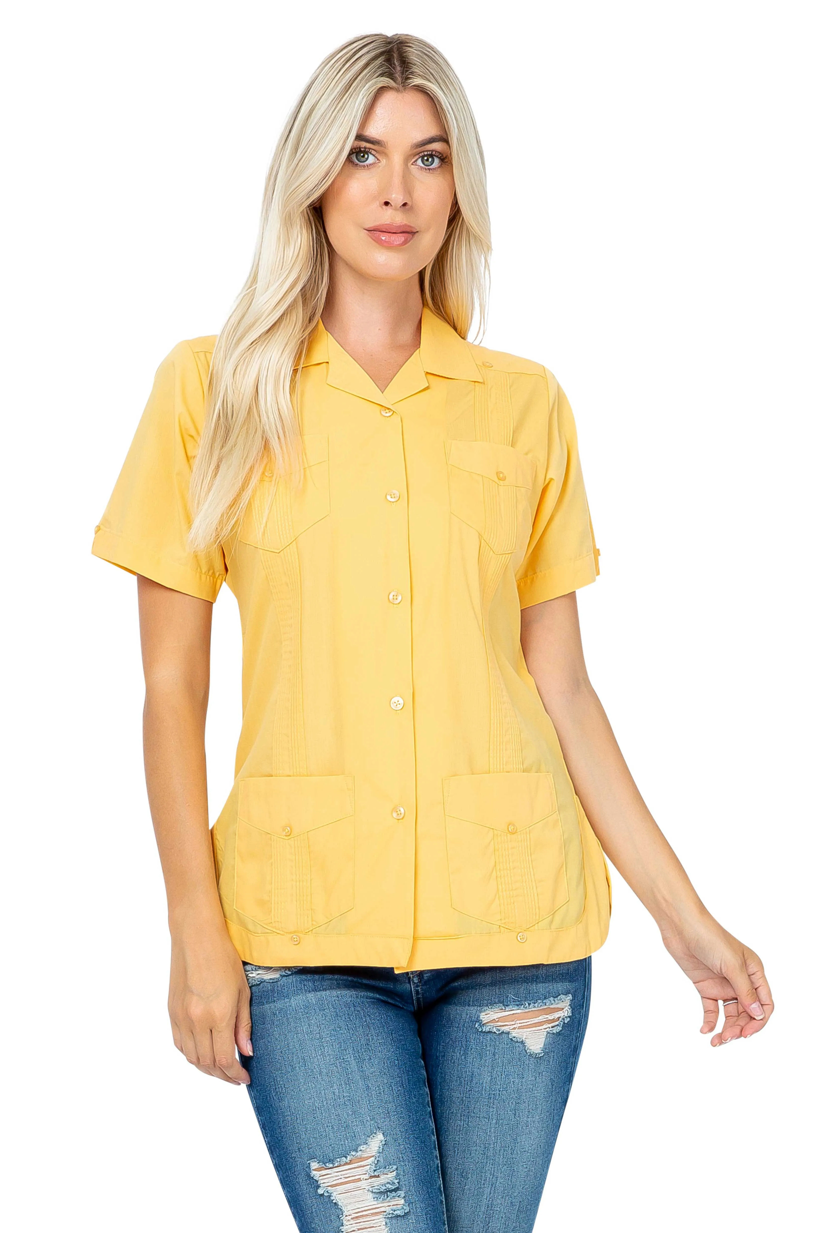 Mojito Women's Traditional Guayabera Shirt Cotton Blend 4 Pocket Design Short Sleeve