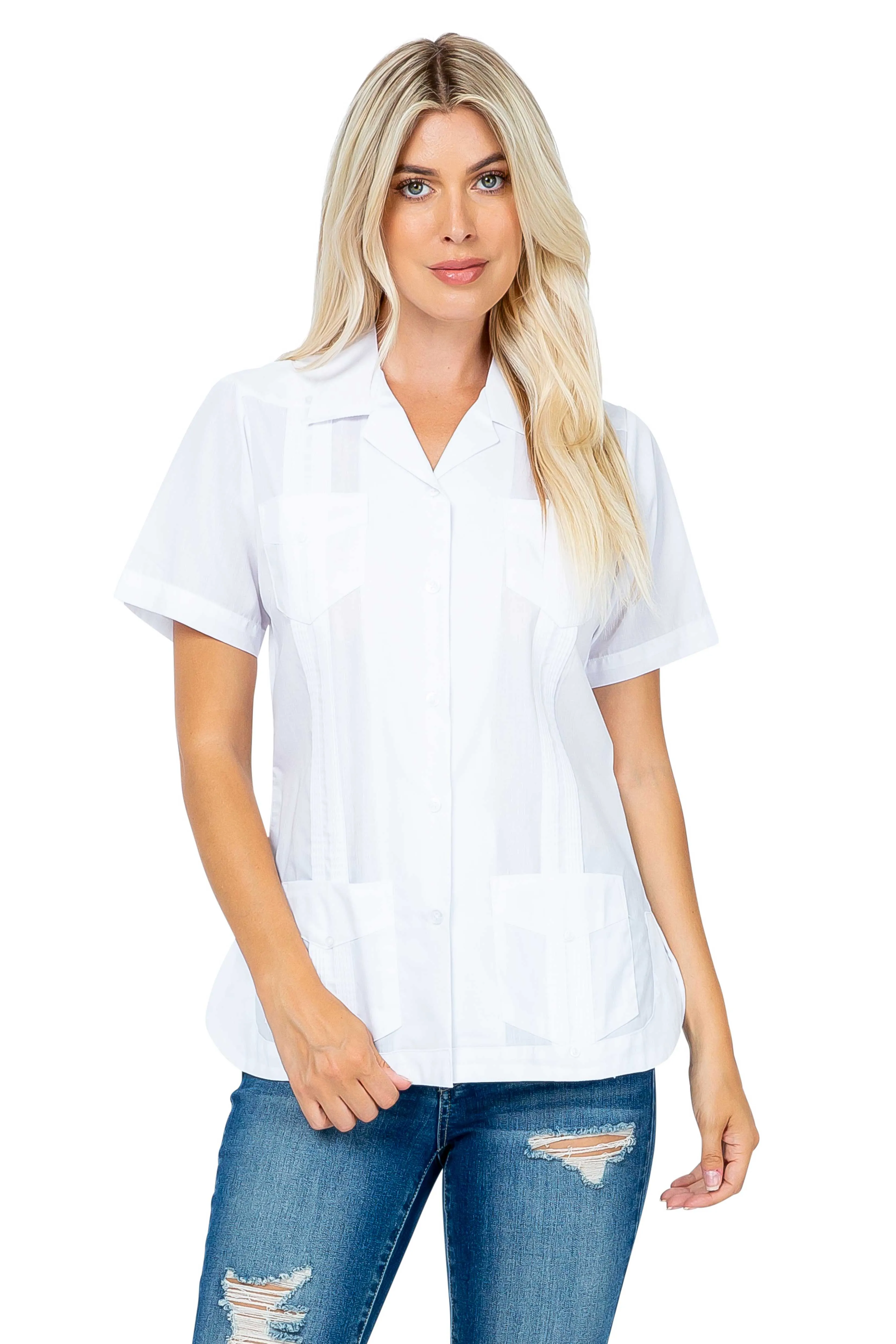 Mojito Women's Traditional Guayabera Shirt Cotton Blend 4 Pocket Design Short Sleeve
