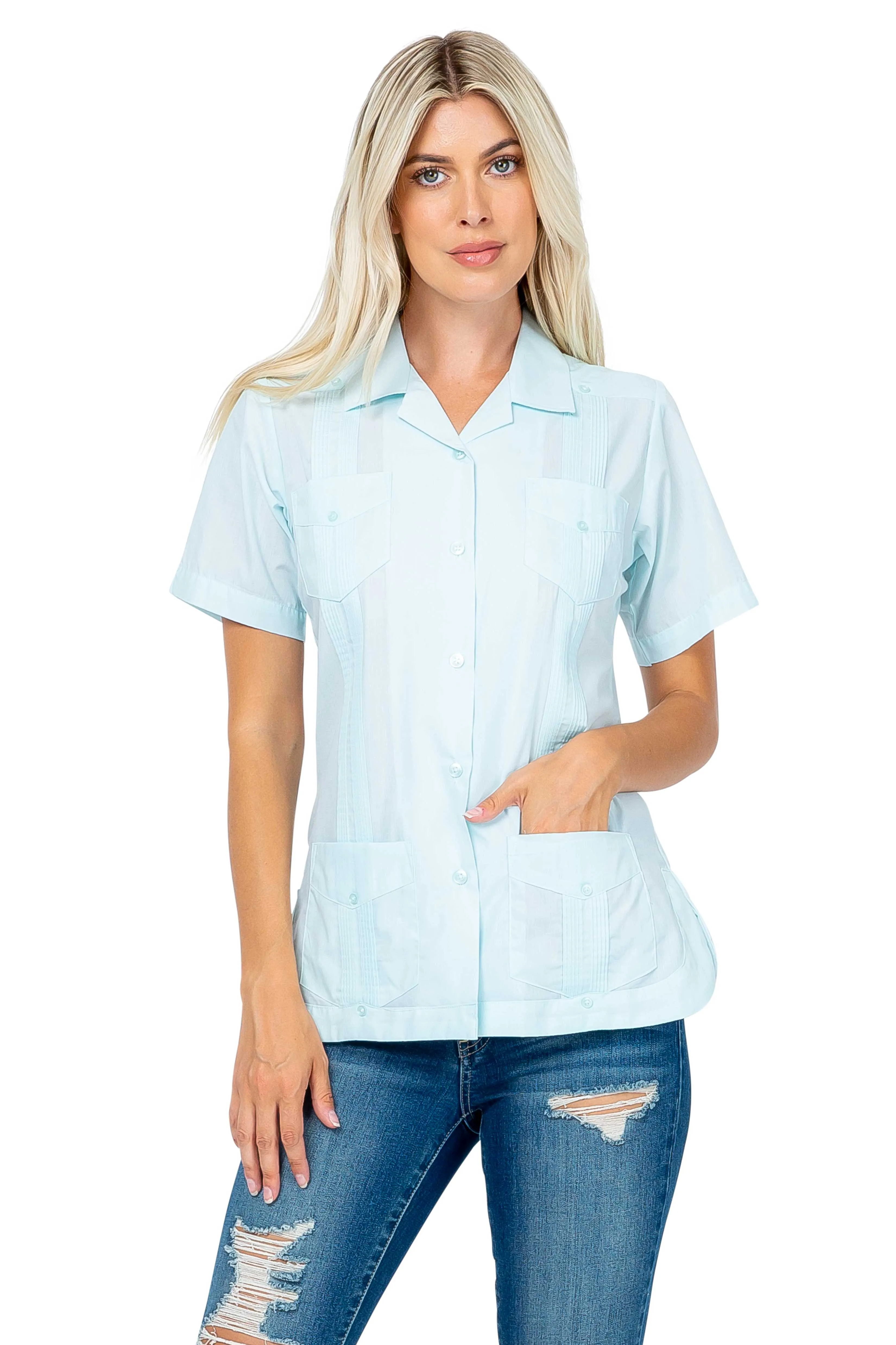 Mojito Women's Traditional Guayabera Shirt Cotton Blend 4 Pocket Design Short Sleeve