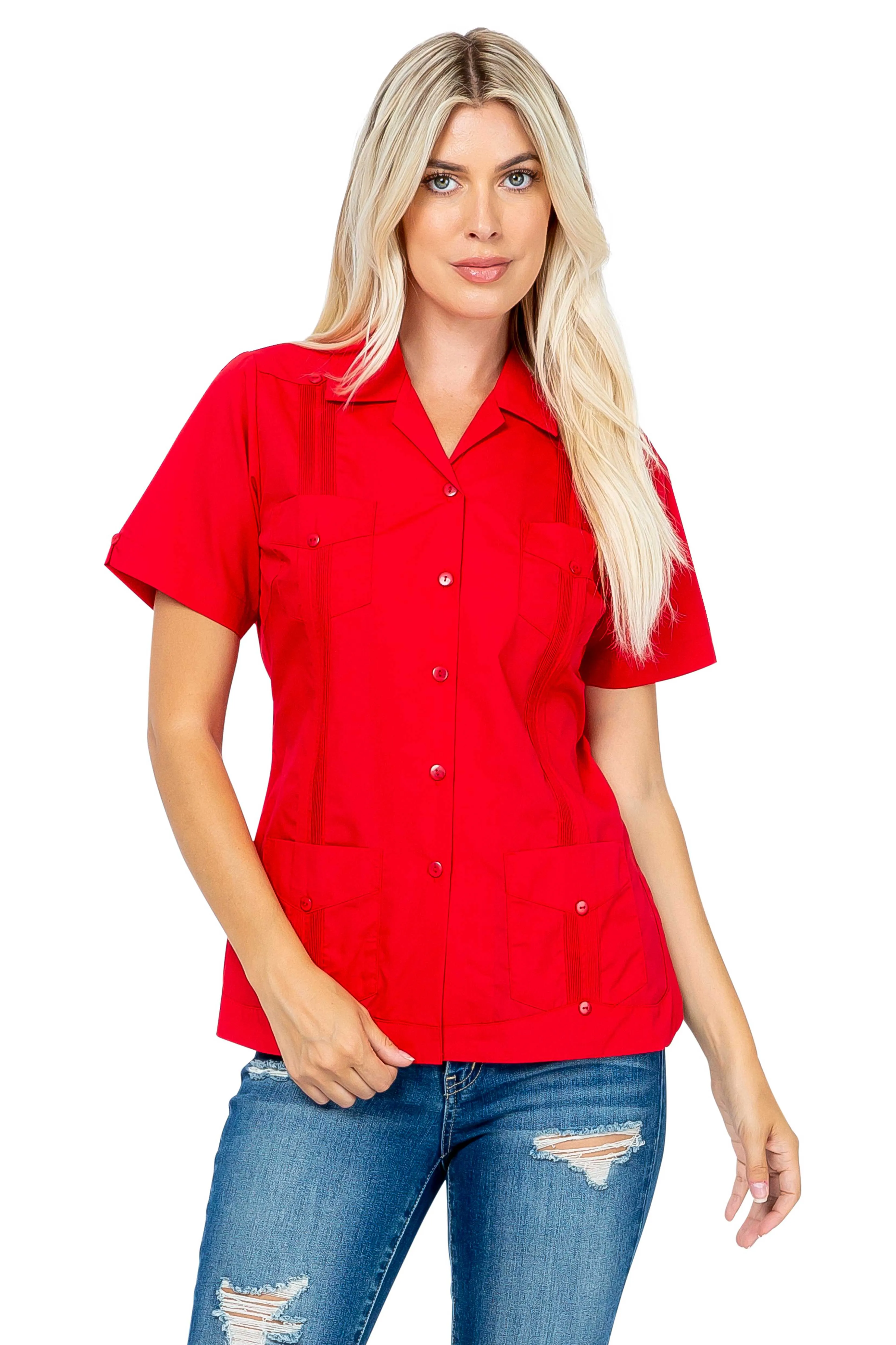 Mojito Women's Traditional Guayabera Shirt Cotton Blend 4 Pocket Design Short Sleeve