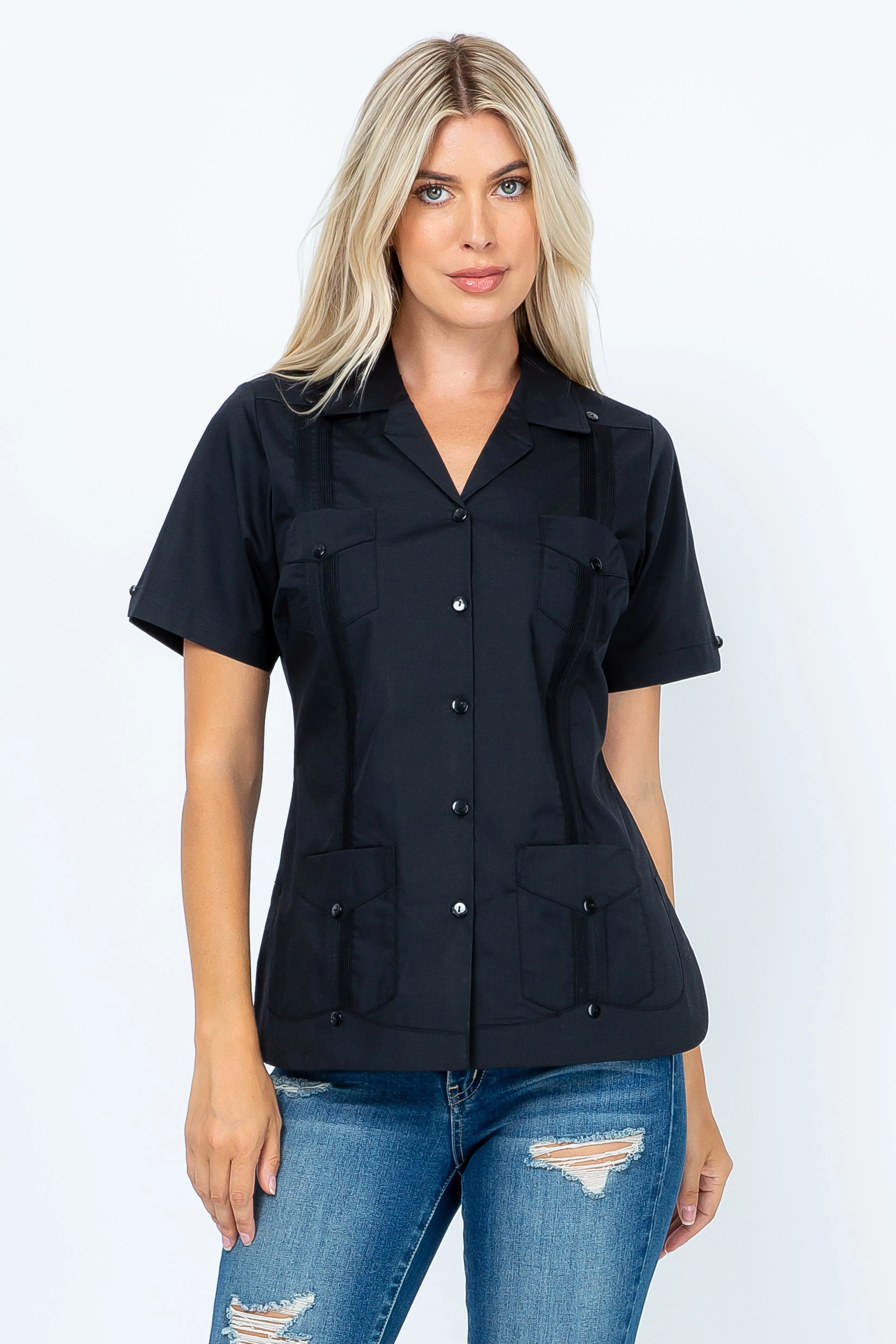 Mojito Women's Traditional Guayabera Shirt Cotton Blend 4 Pocket Design Short Sleeve