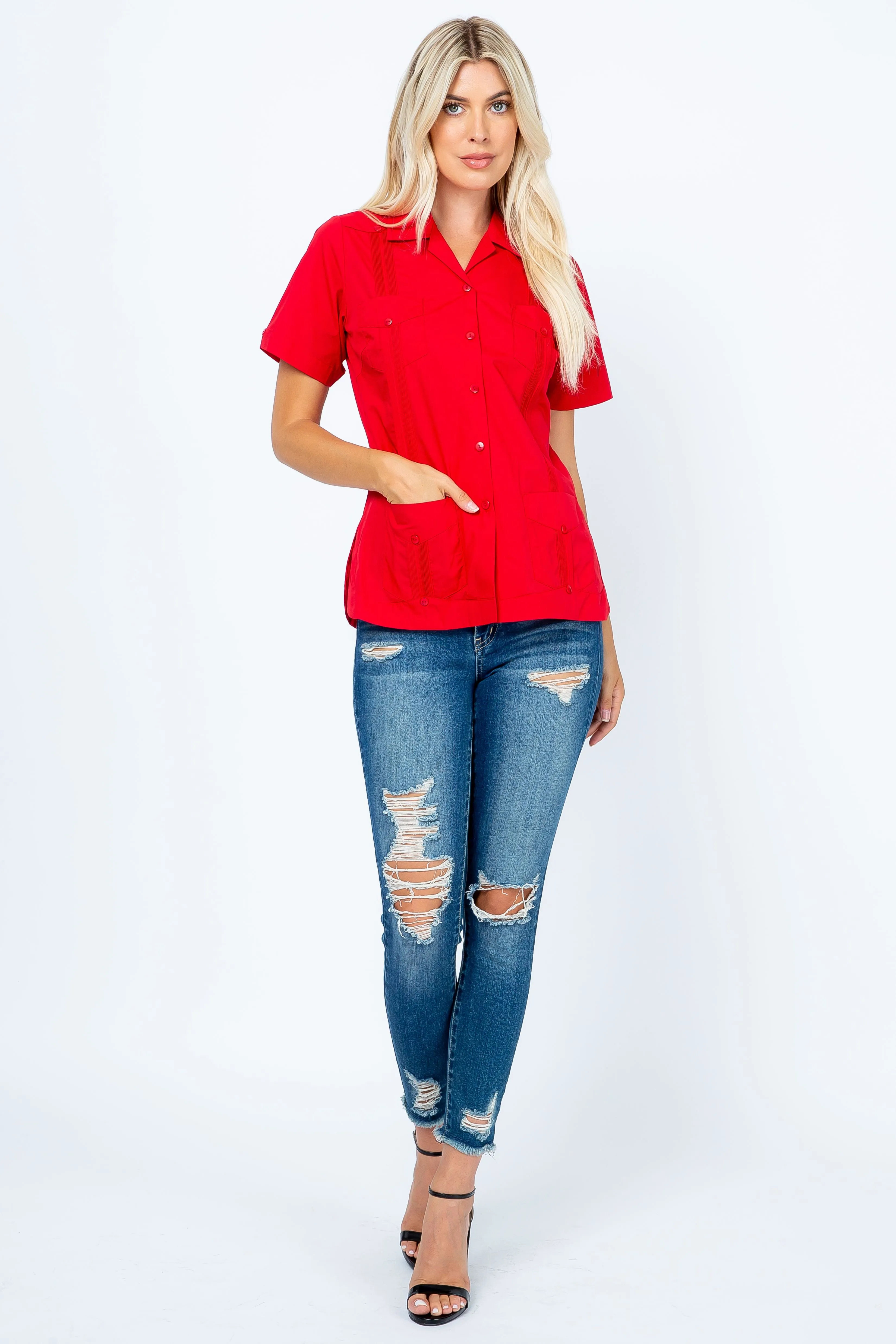 Mojito Women's Traditional Guayabera Shirt Cotton Blend 4 Pocket Design Short Sleeve
