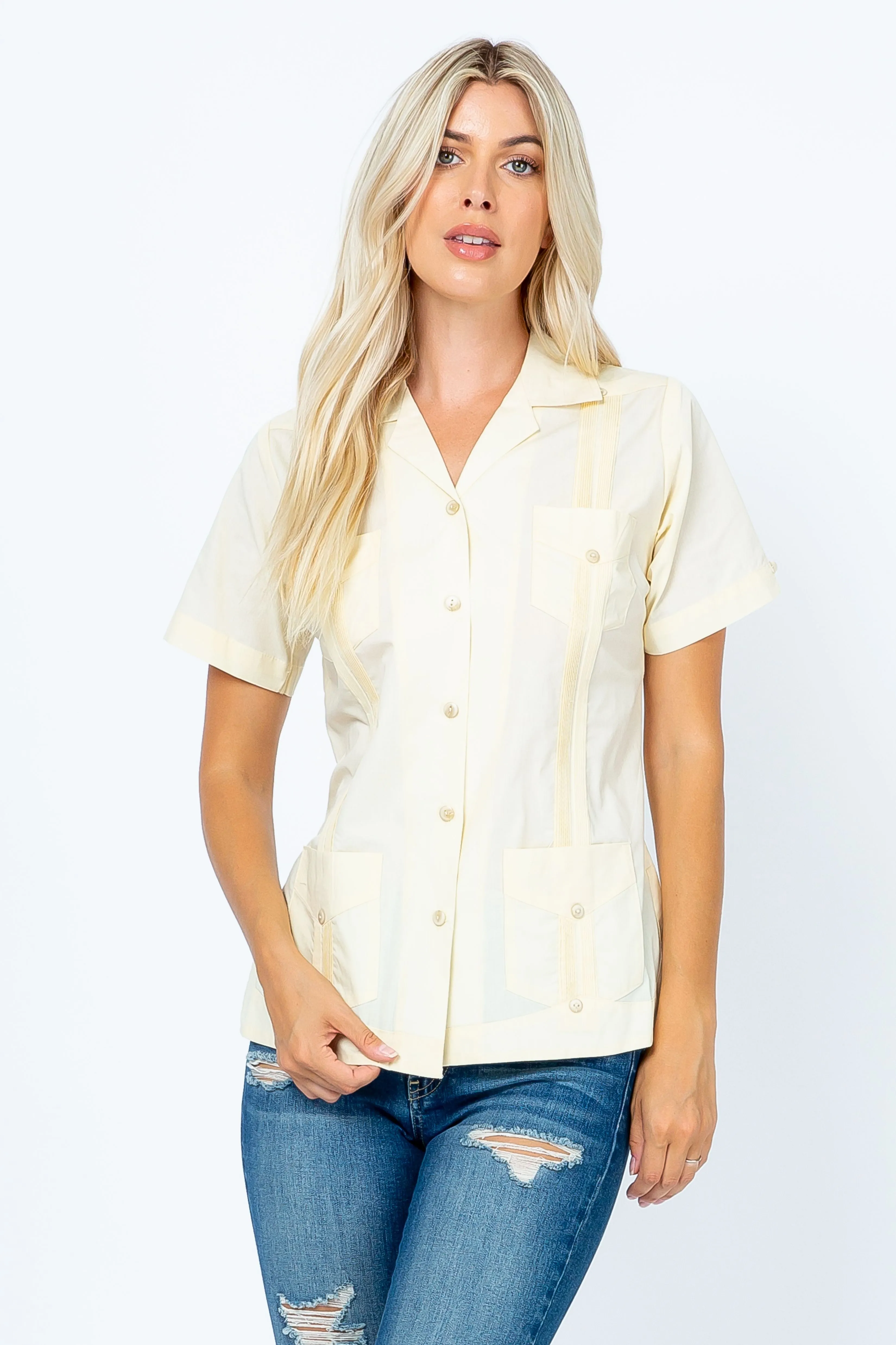 Mojito Women's Traditional Guayabera Shirt Cotton Blend 4 Pocket Design Short Sleeve