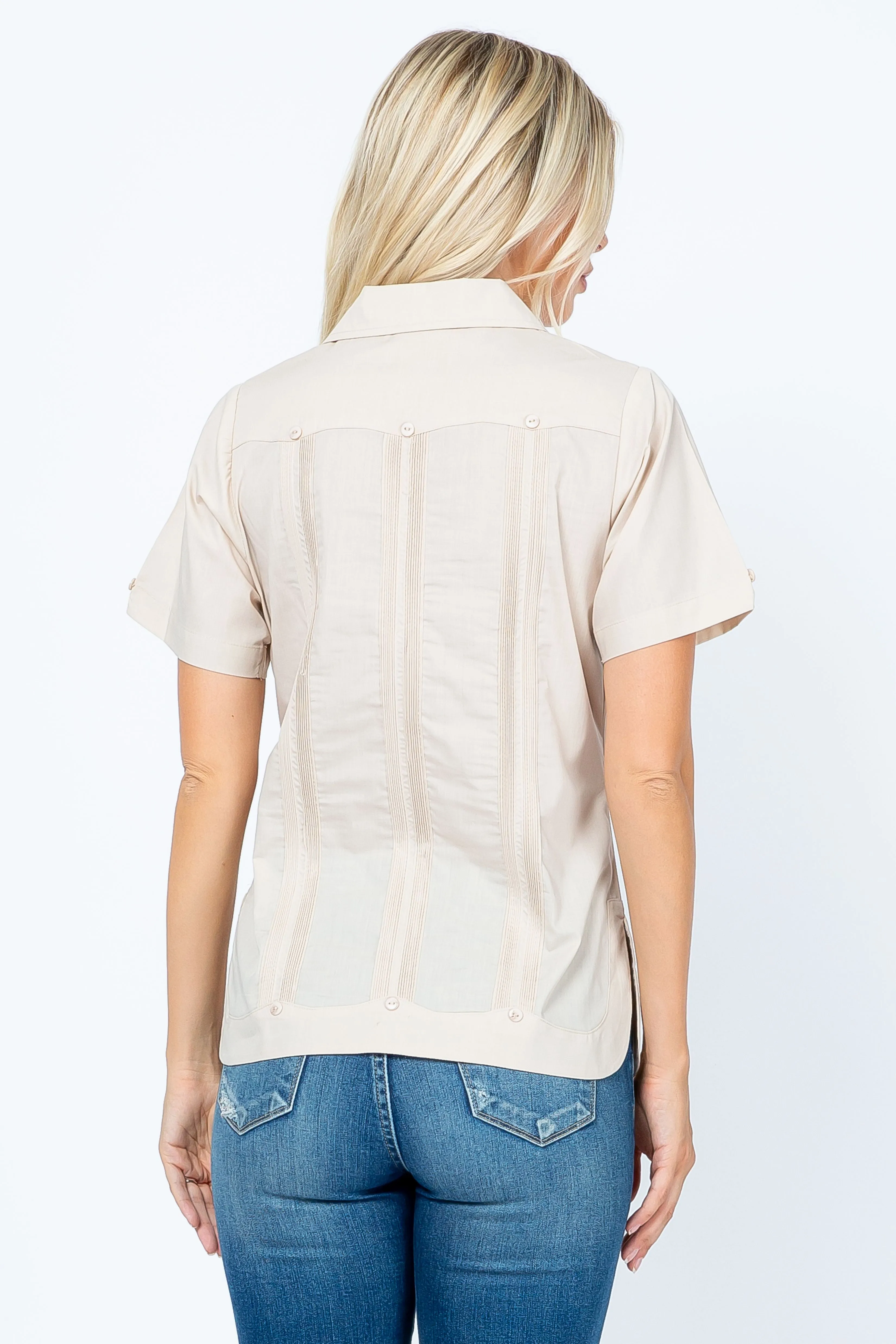 Mojito Women's Traditional Guayabera Shirt Cotton Blend 4 Pocket Design Short Sleeve