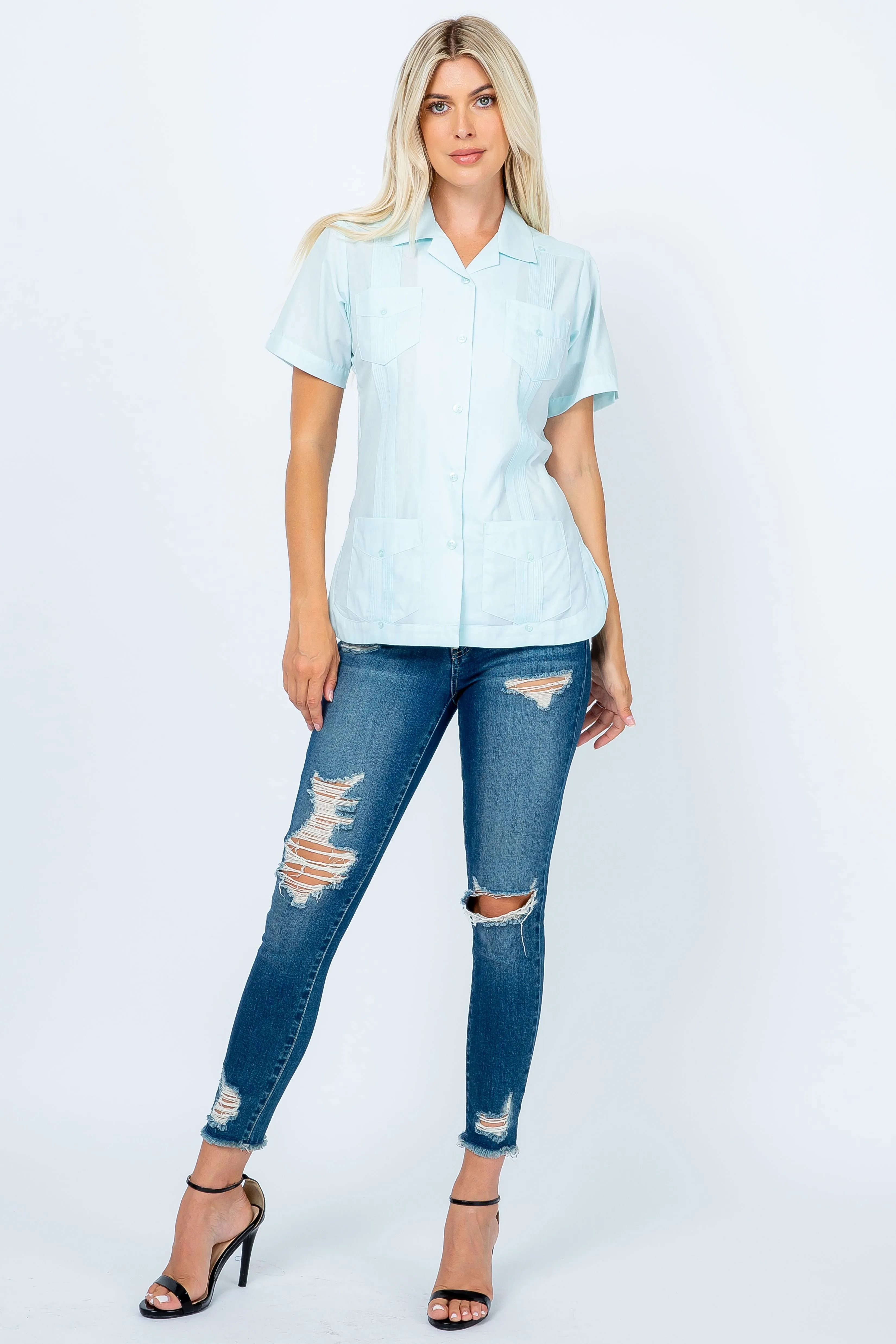 Mojito Women's Traditional Guayabera Shirt Cotton Blend 4 Pocket Design Short Sleeve