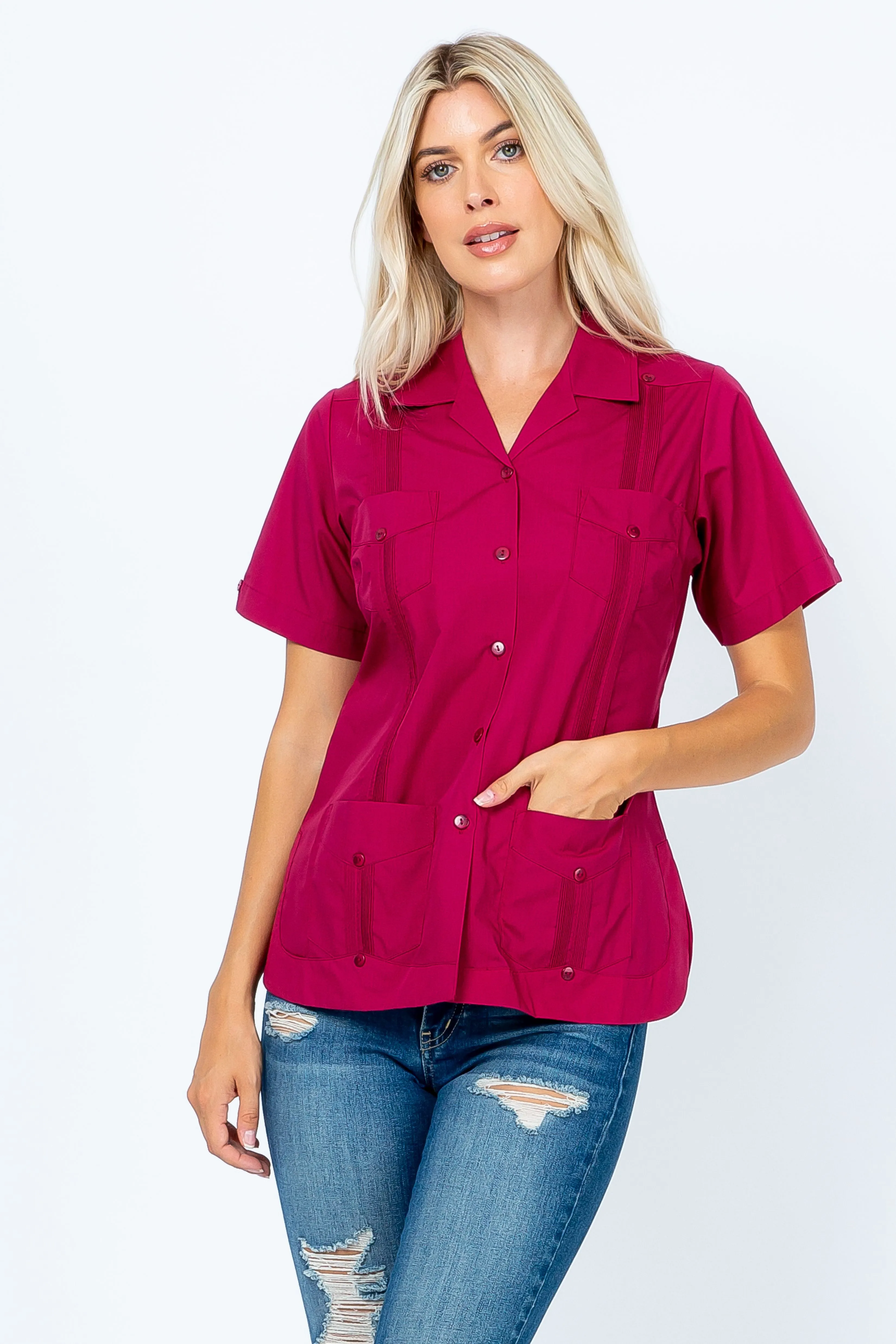 Mojito Women's Traditional Guayabera Shirt Cotton Blend 4 Pocket Design Short Sleeve