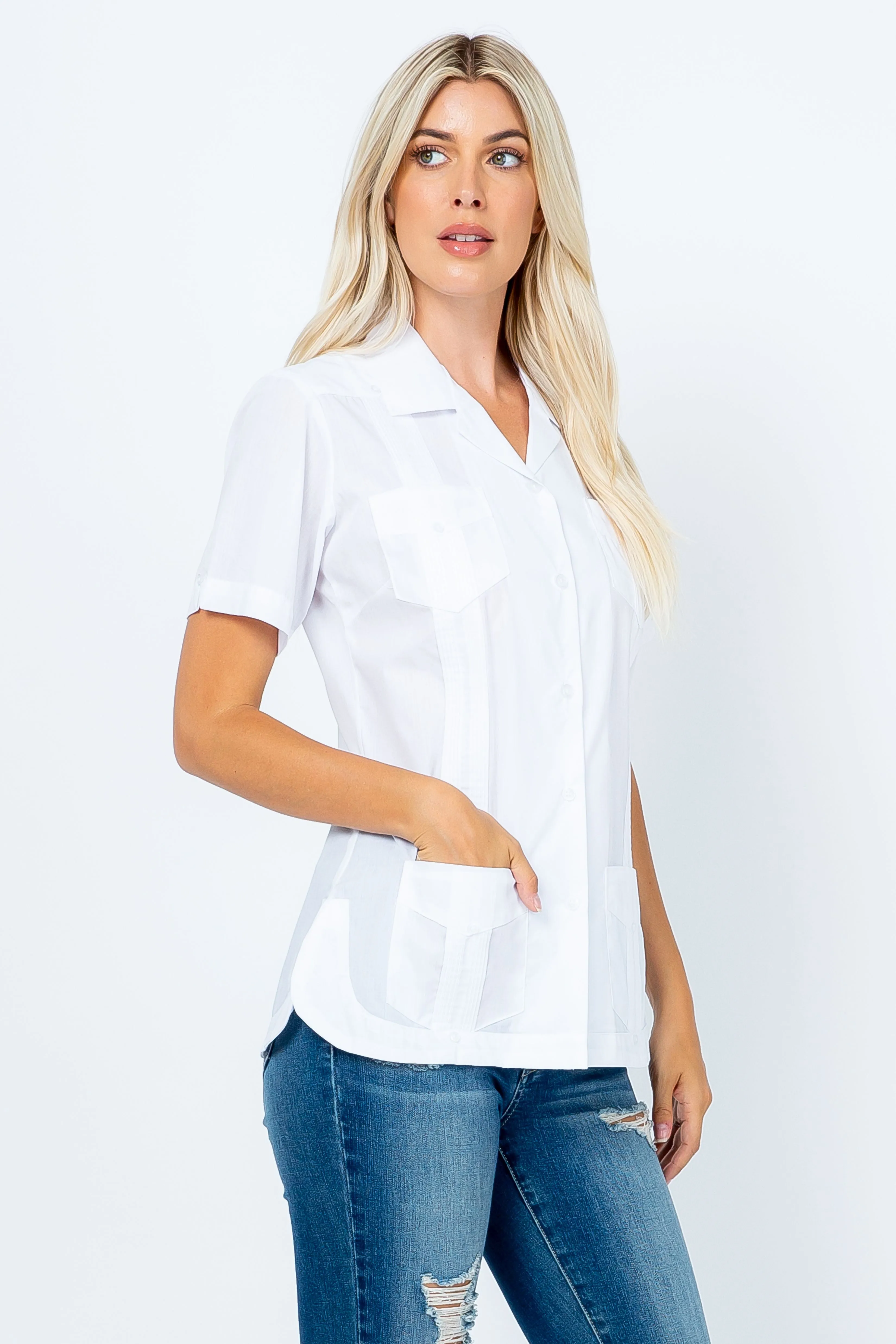 Mojito Women's Traditional Guayabera Shirt Cotton Blend 4 Pocket Design Short Sleeve