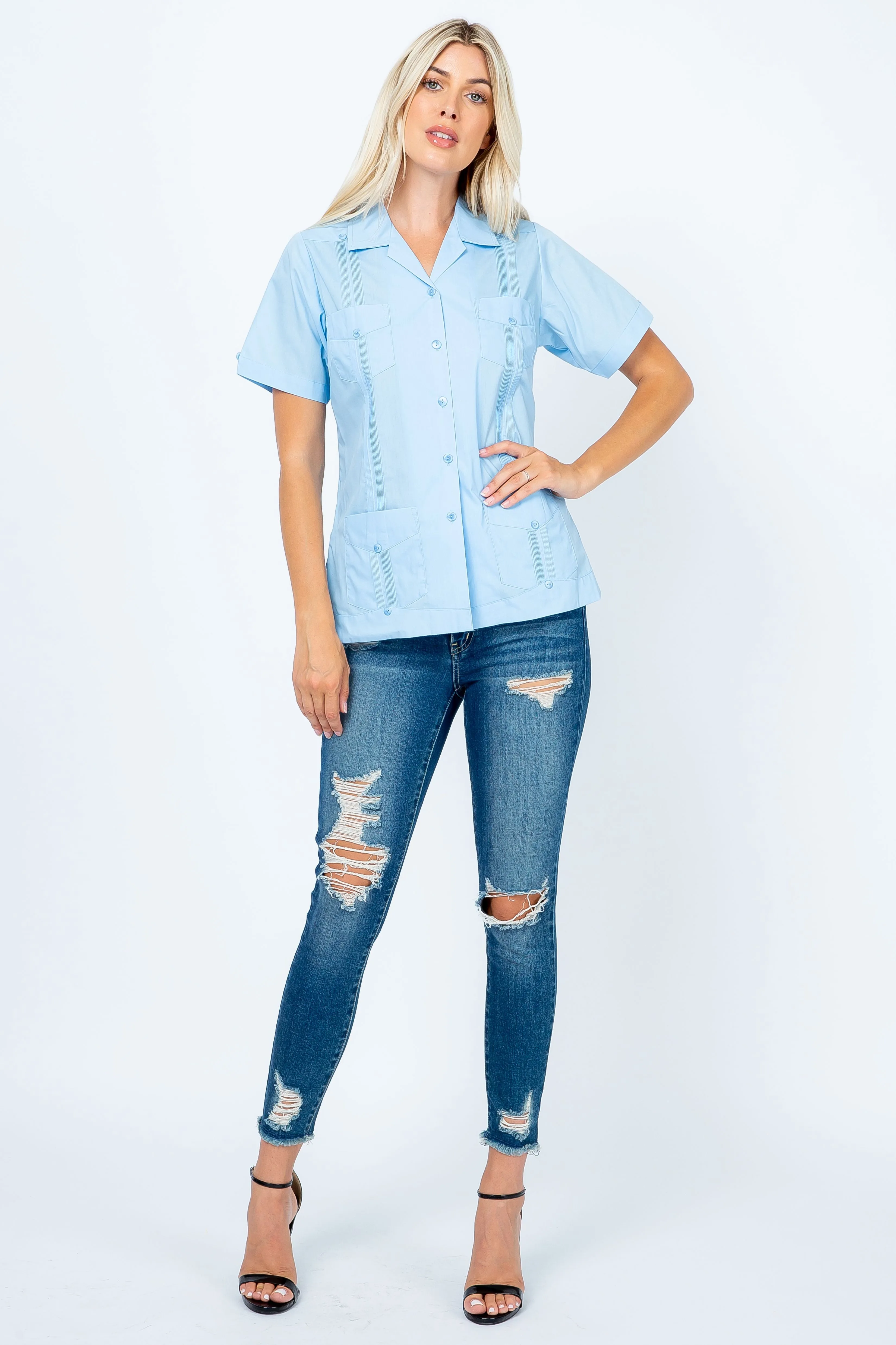 Mojito Women's Traditional Guayabera Shirt Cotton Blend 4 Pocket Design Short Sleeve