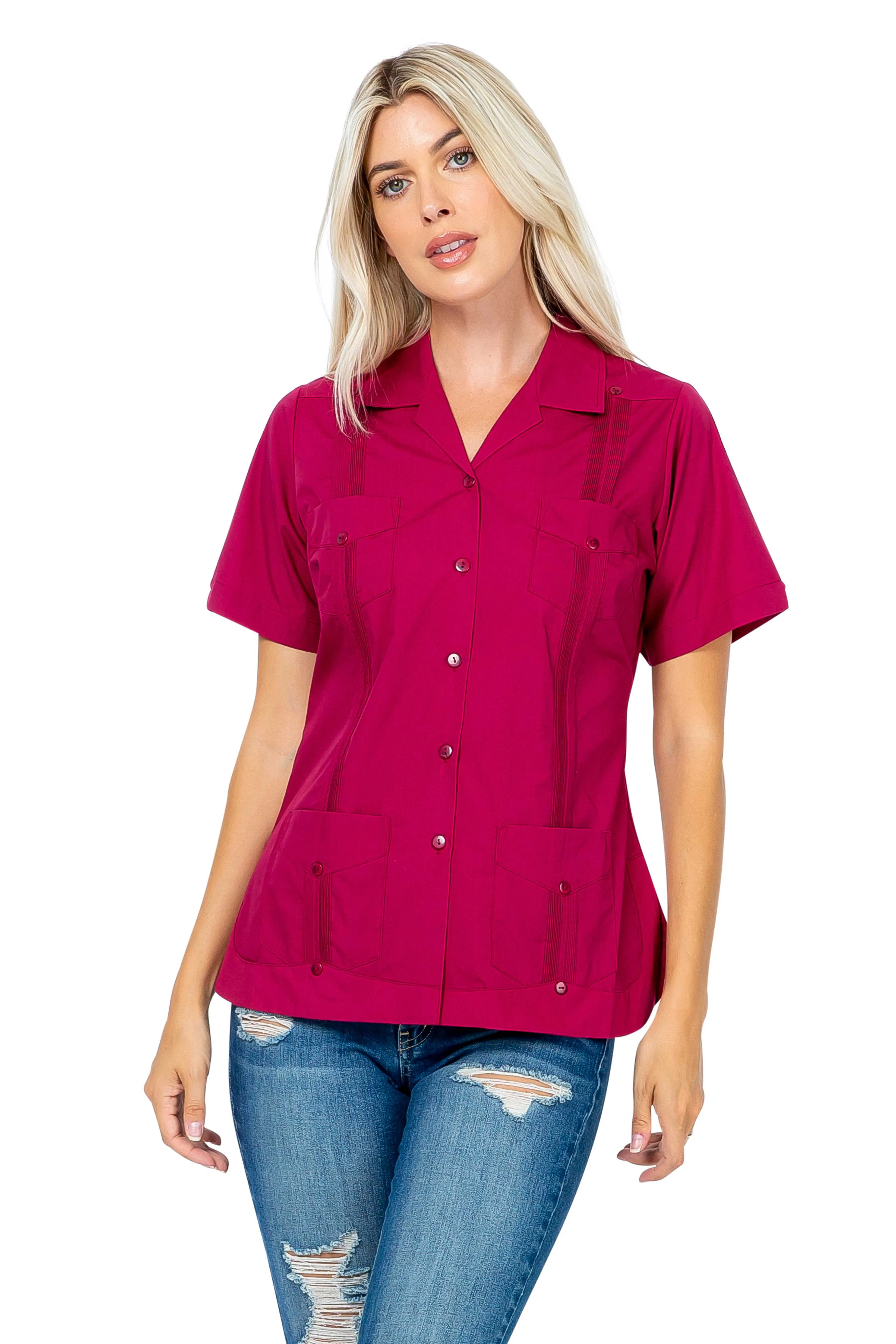 Mojito Women's Traditional Guayabera Shirt Cotton Blend 4 Pocket Design Short Sleeve