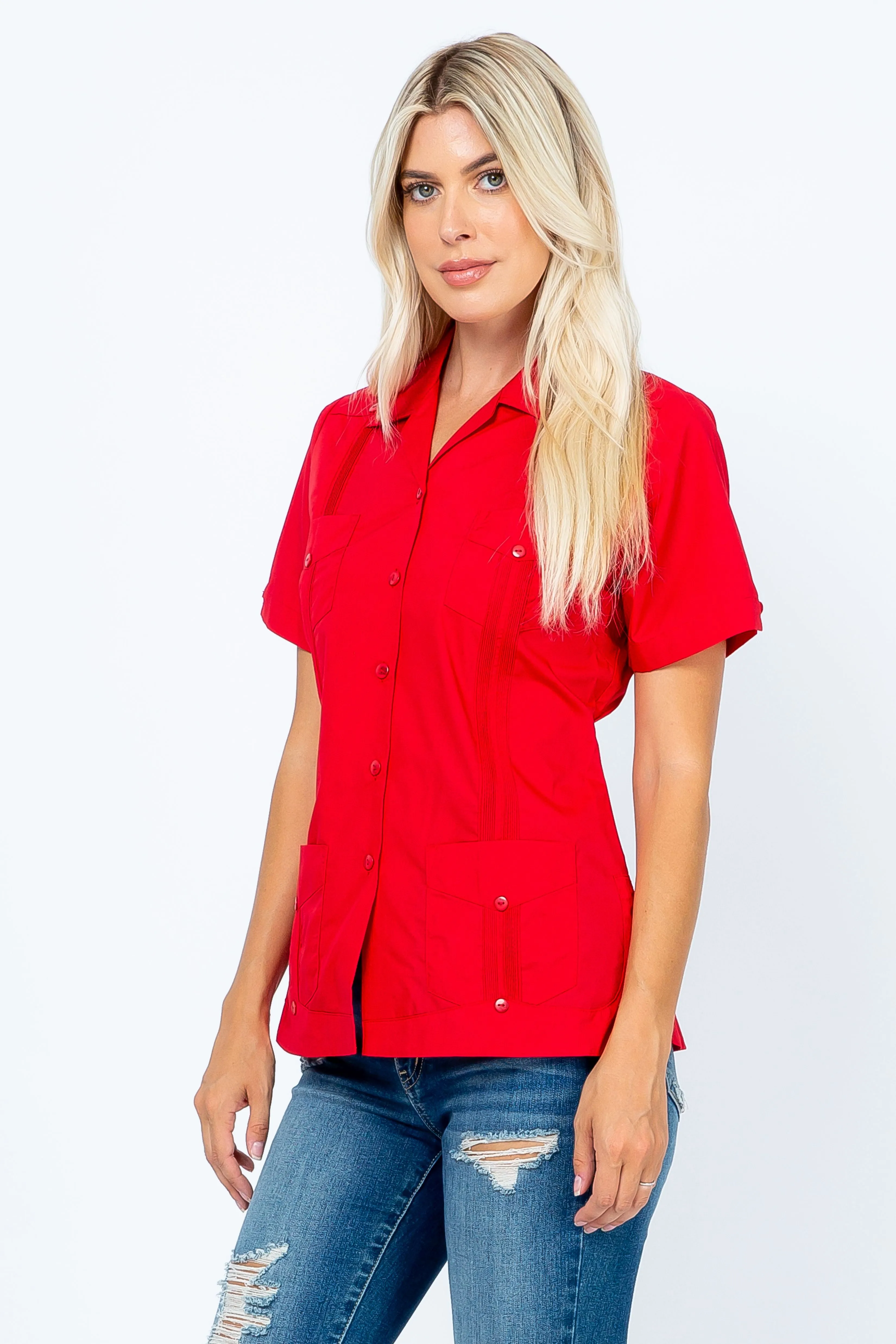 Mojito Women's Traditional Guayabera Shirt Cotton Blend 4 Pocket Design Short Sleeve