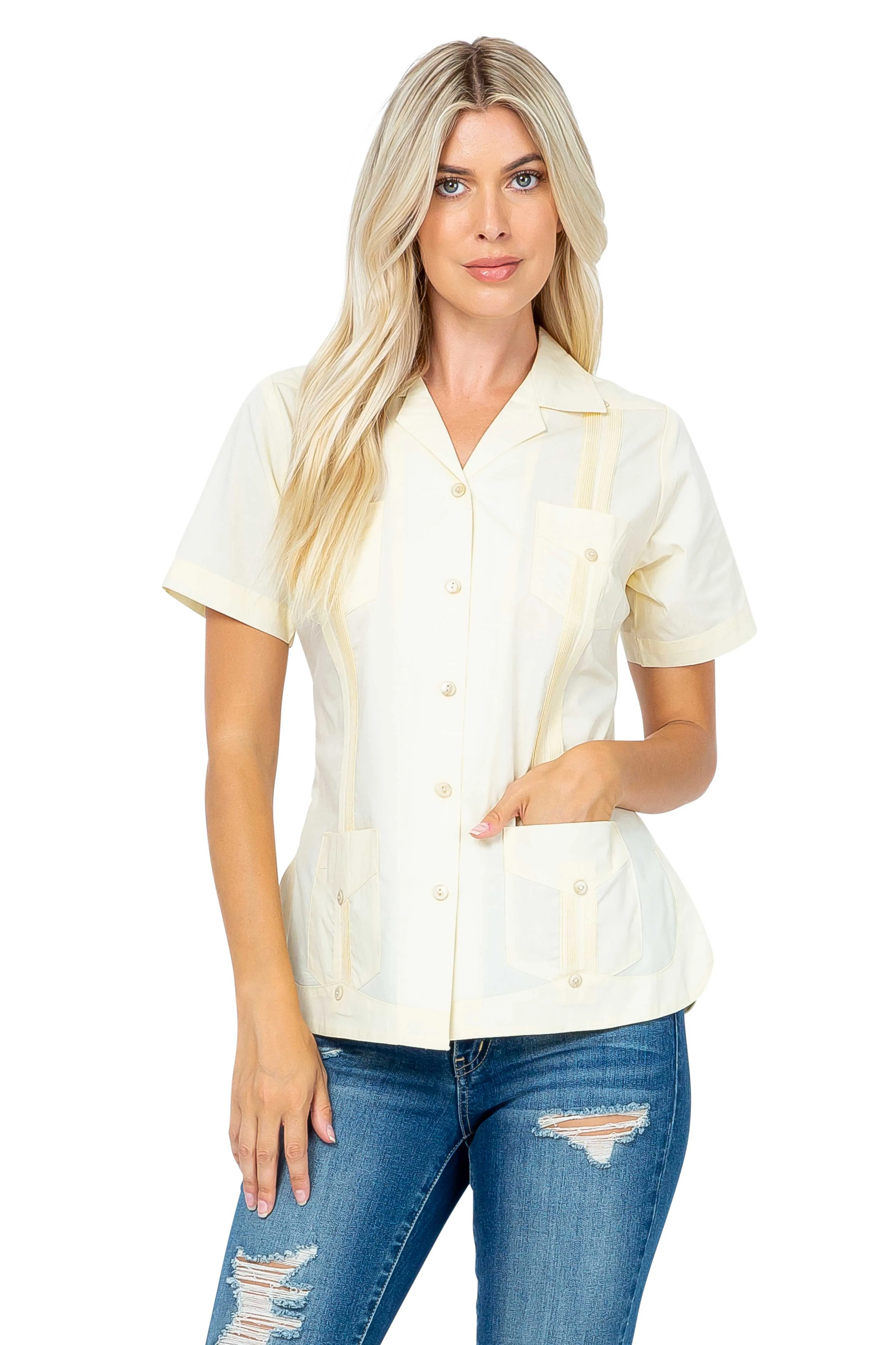Mojito Women's Traditional Guayabera Shirt Cotton Blend 4 Pocket Design Short Sleeve