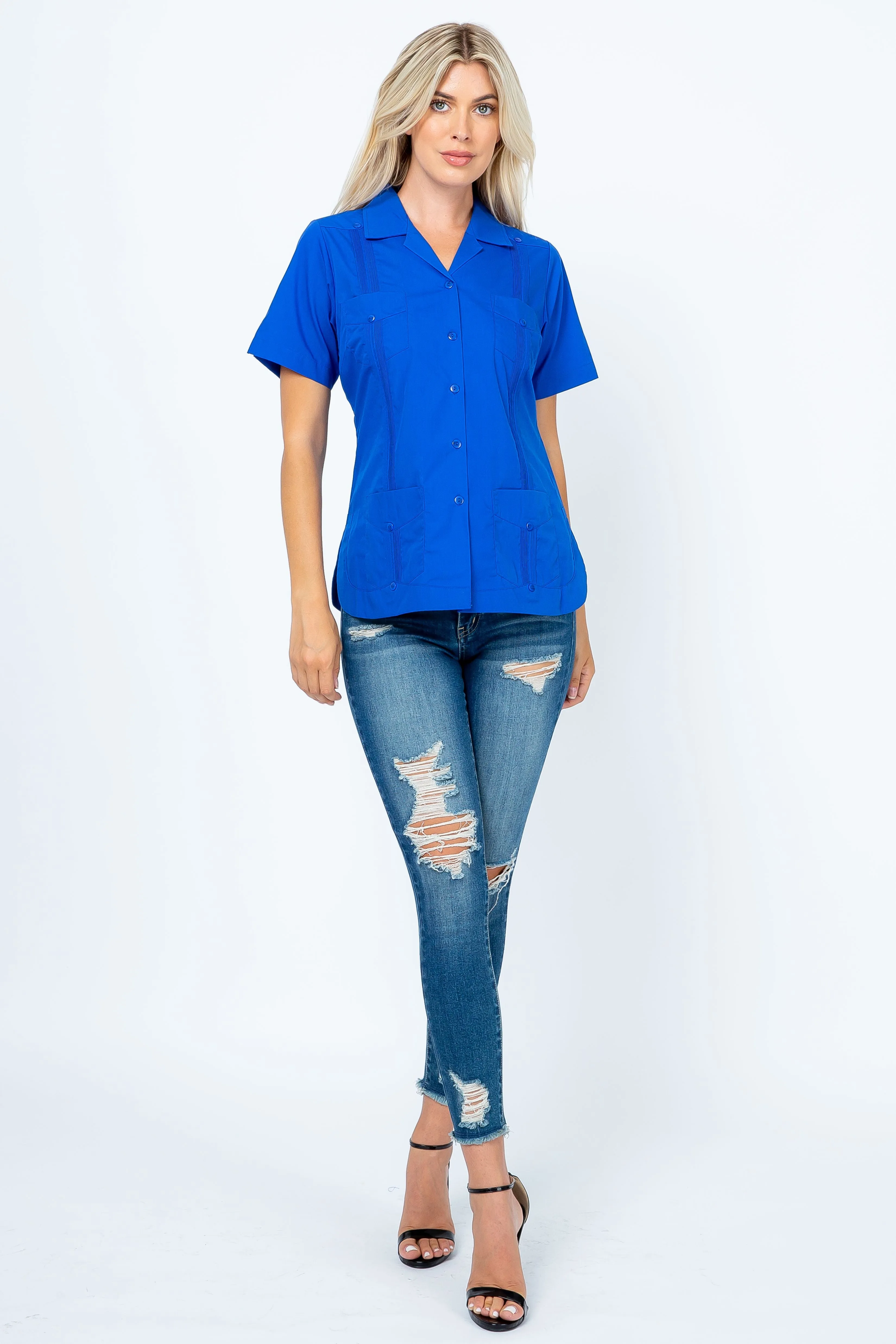 Mojito Women's Traditional Guayabera Shirt Cotton Blend 4 Pocket Design Short Sleeve