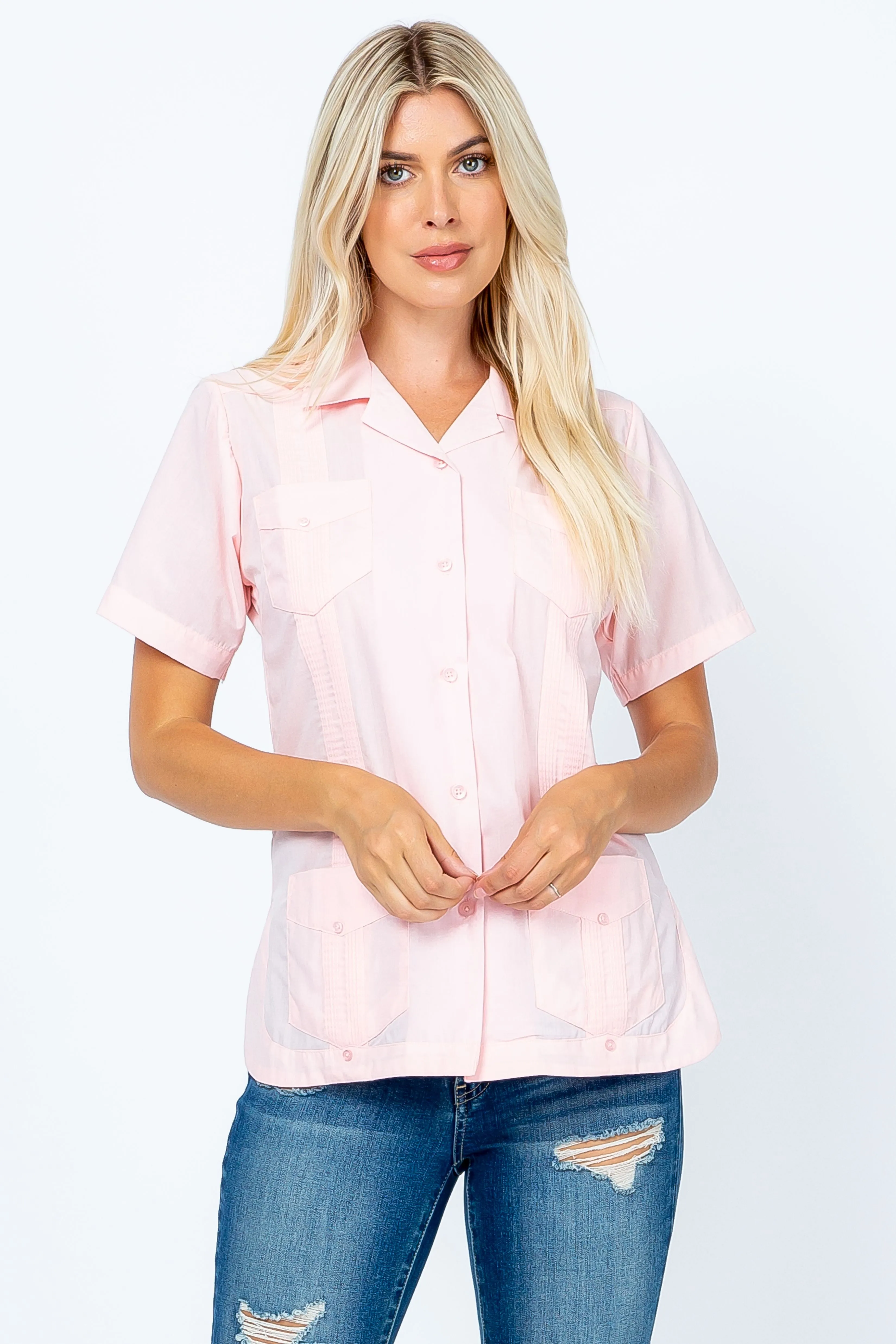 Mojito Women's Traditional Guayabera Shirt Cotton Blend 4 Pocket Design Short Sleeve