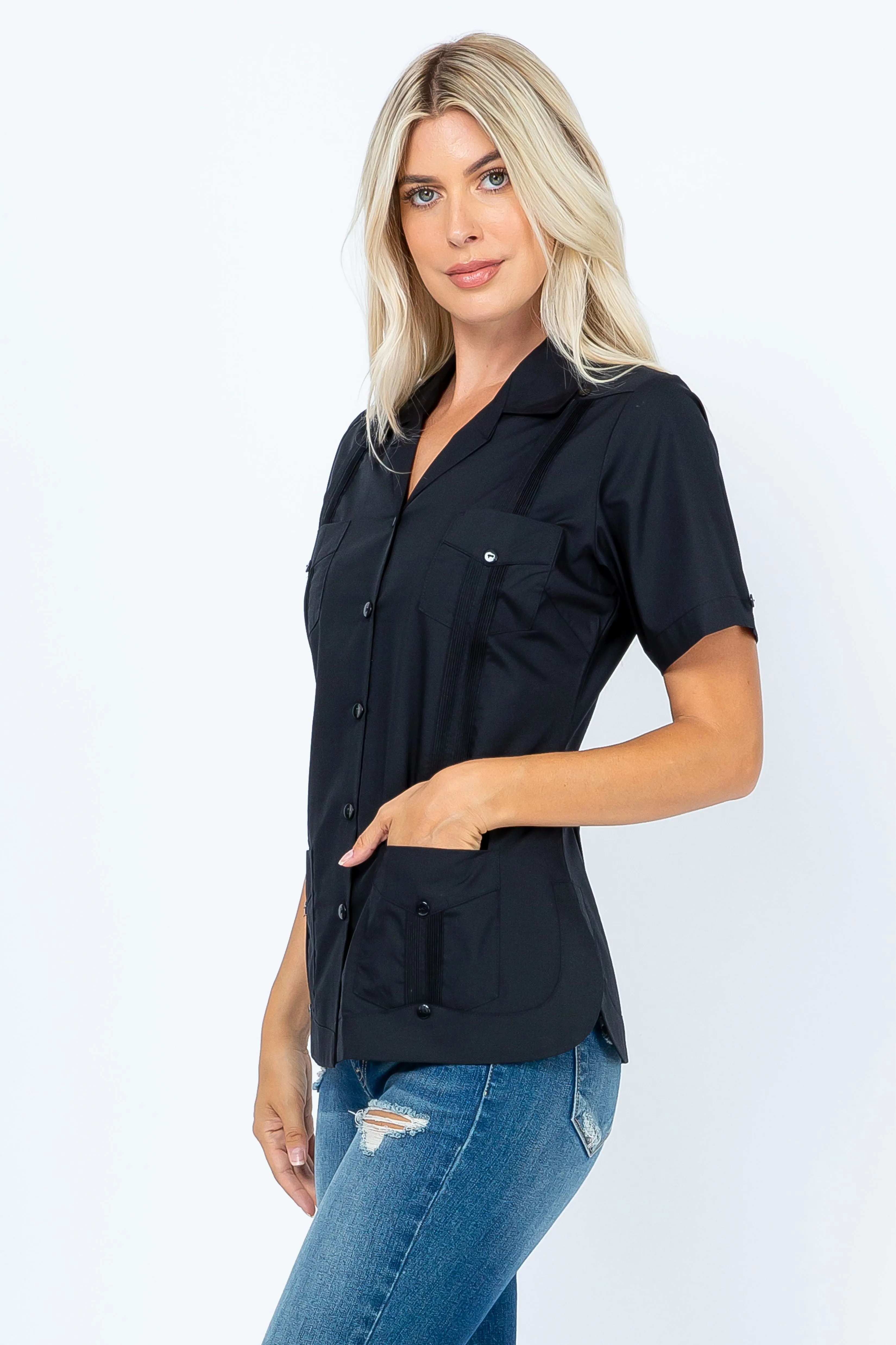 Mojito Women's Traditional Guayabera Shirt Cotton Blend 4 Pocket Design Short Sleeve