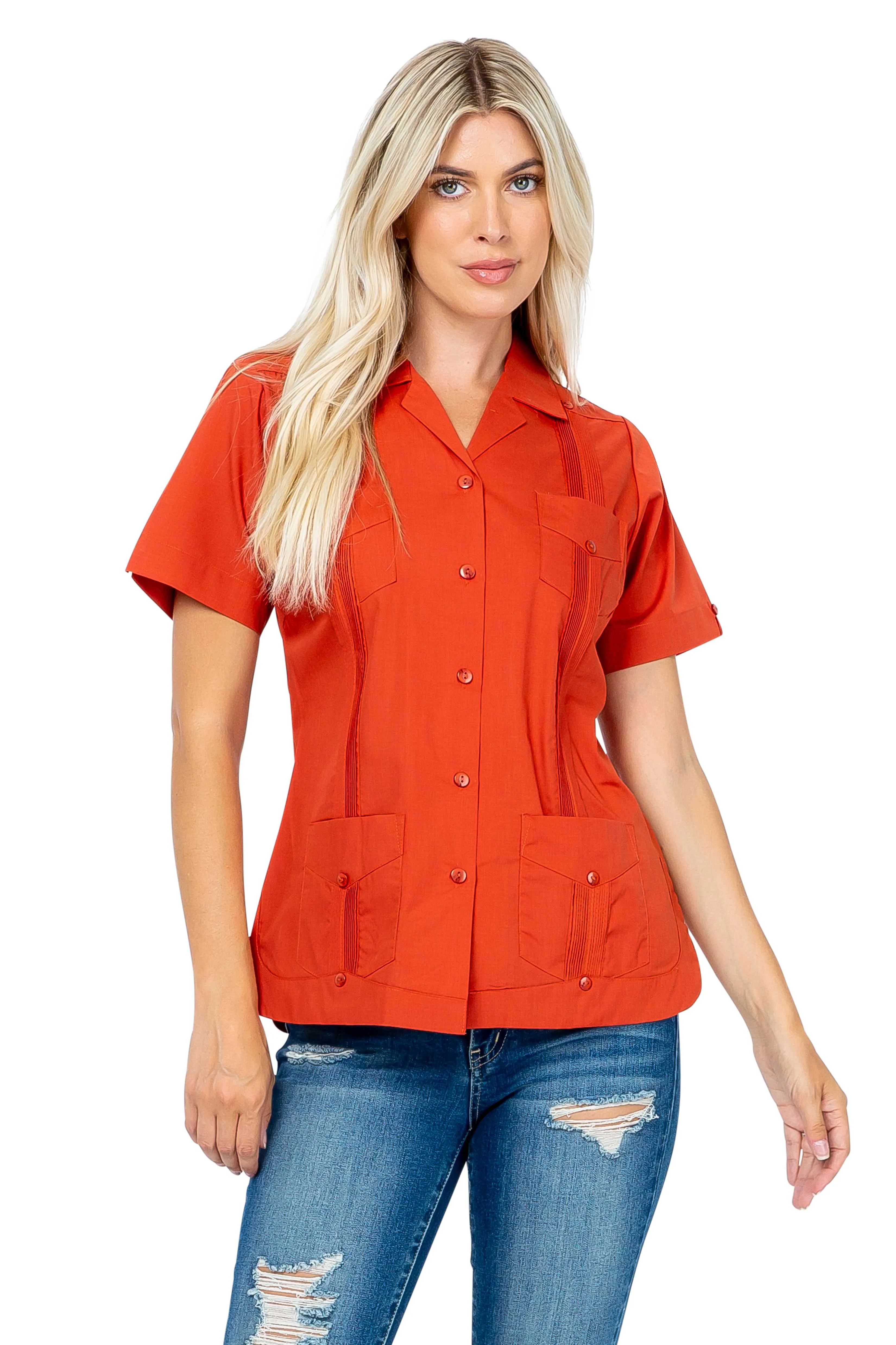 Mojito Women's Traditional Guayabera Shirt Cotton Blend 4 Pocket Design Short Sleeve