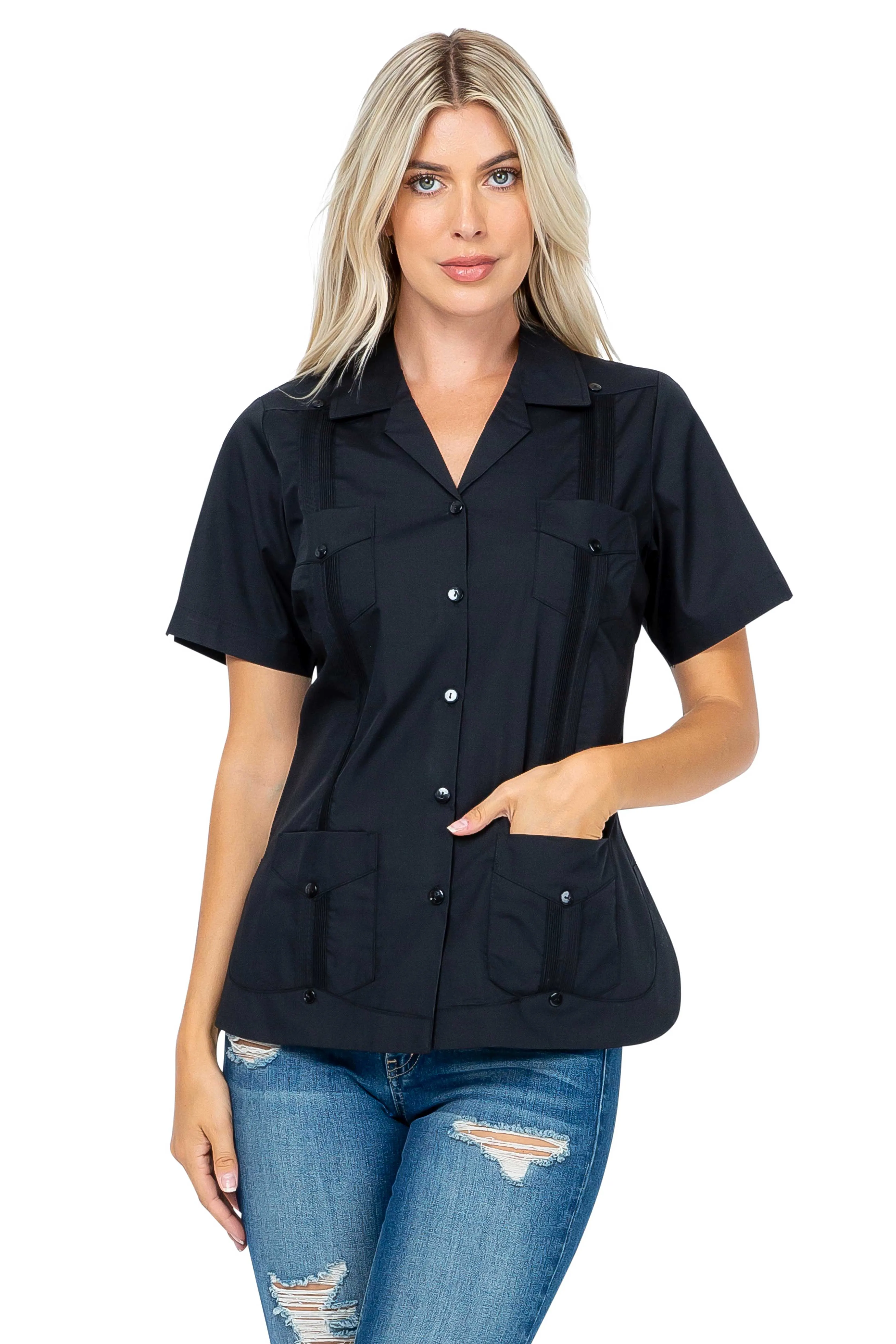 Mojito Women's Traditional Guayabera Shirt Cotton Blend 4 Pocket Design Short Sleeve
