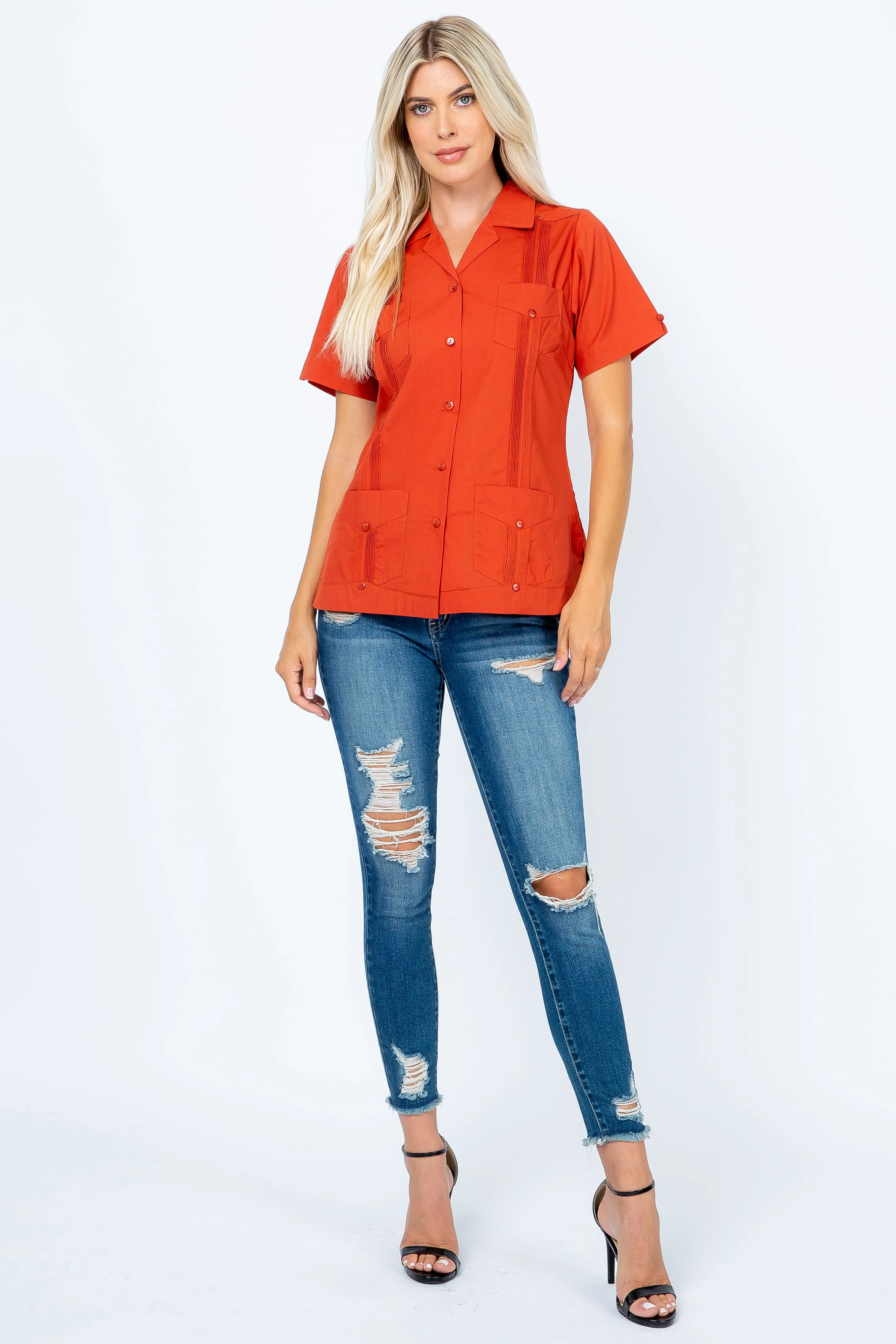 Mojito Women's Traditional Guayabera Shirt Cotton Blend 4 Pocket Design Short Sleeve