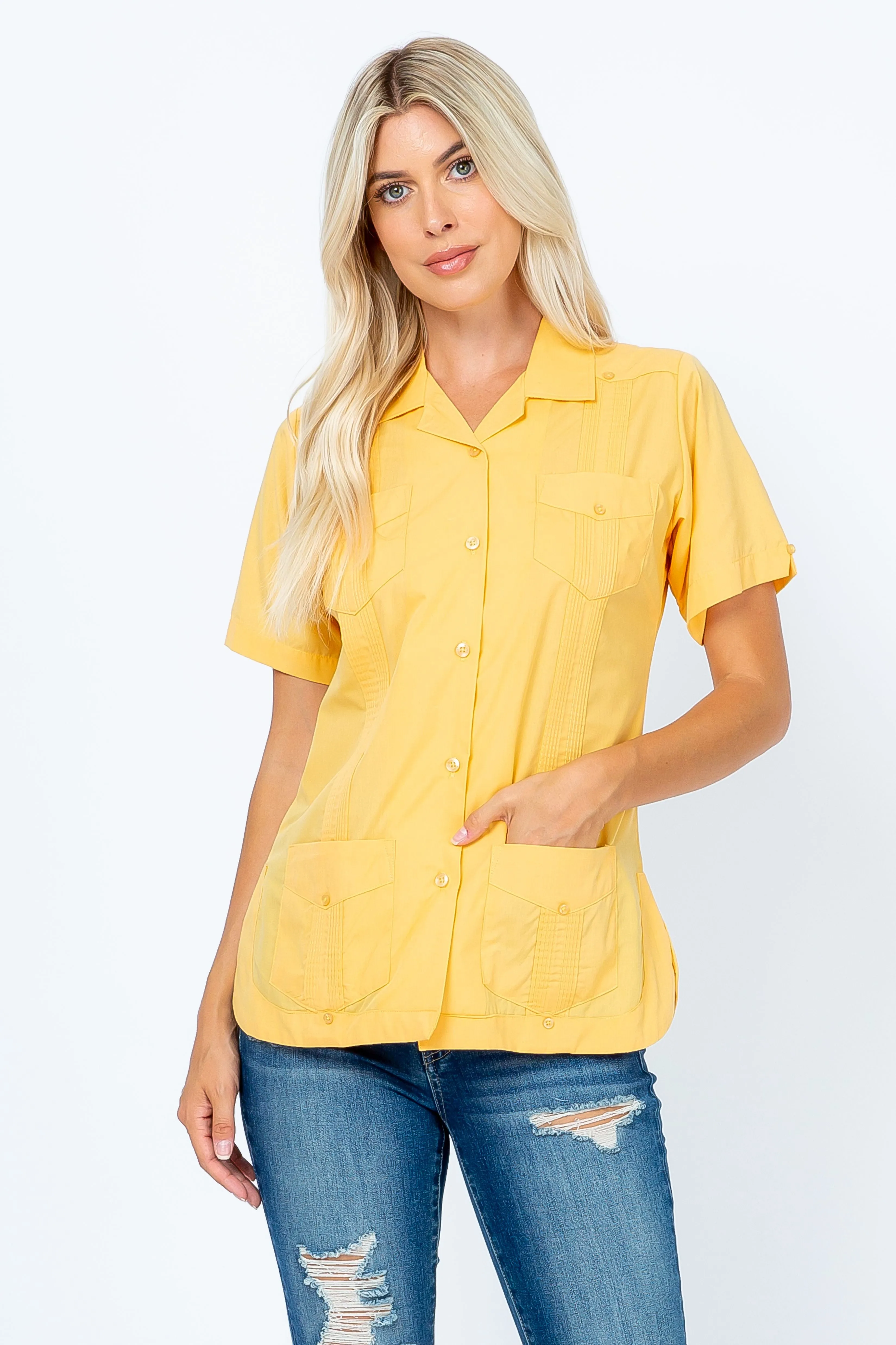 Mojito Women's Traditional Guayabera Shirt Cotton Blend 4 Pocket Design Short Sleeve