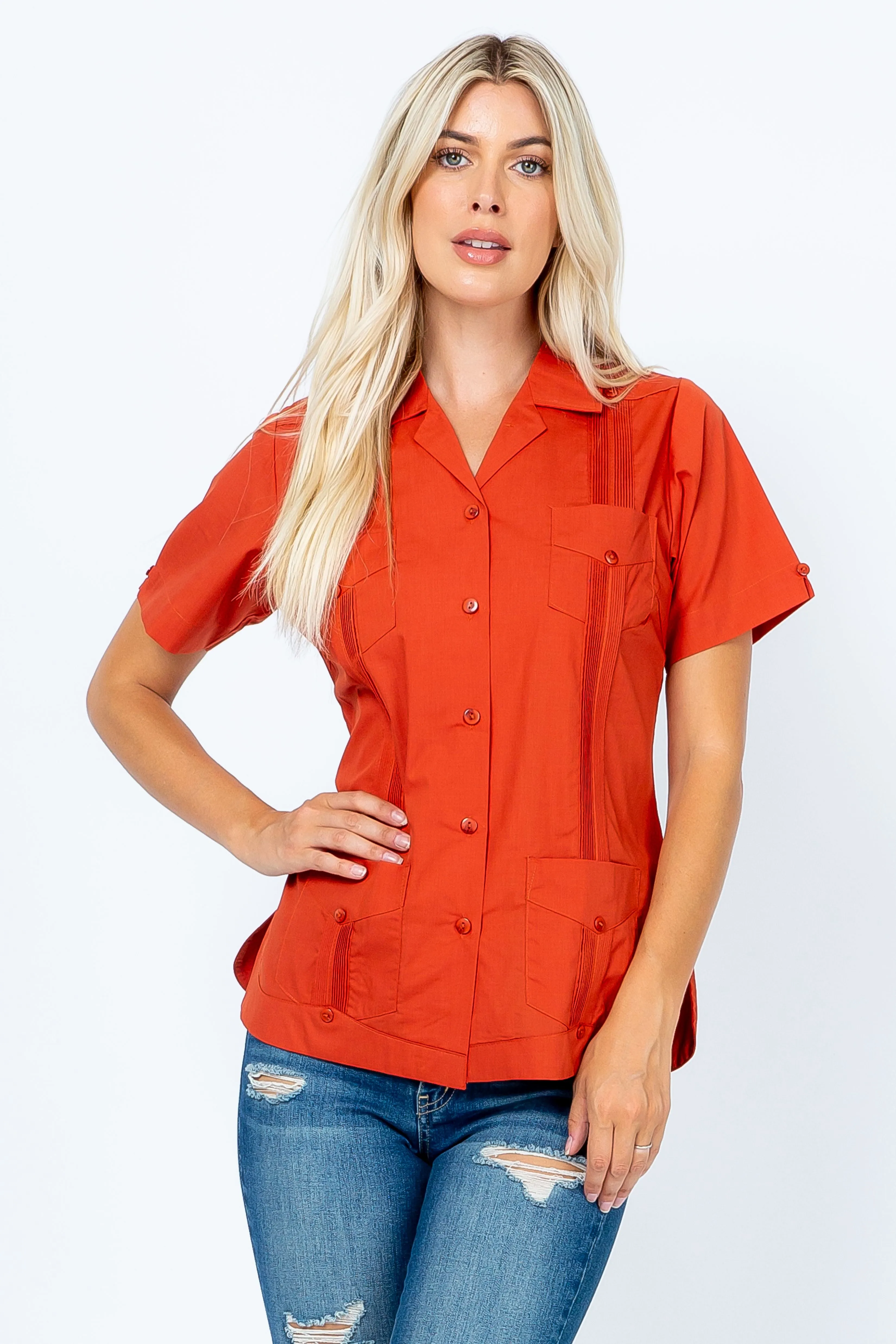 Mojito Women's Traditional Guayabera Shirt Cotton Blend 4 Pocket Design Short Sleeve