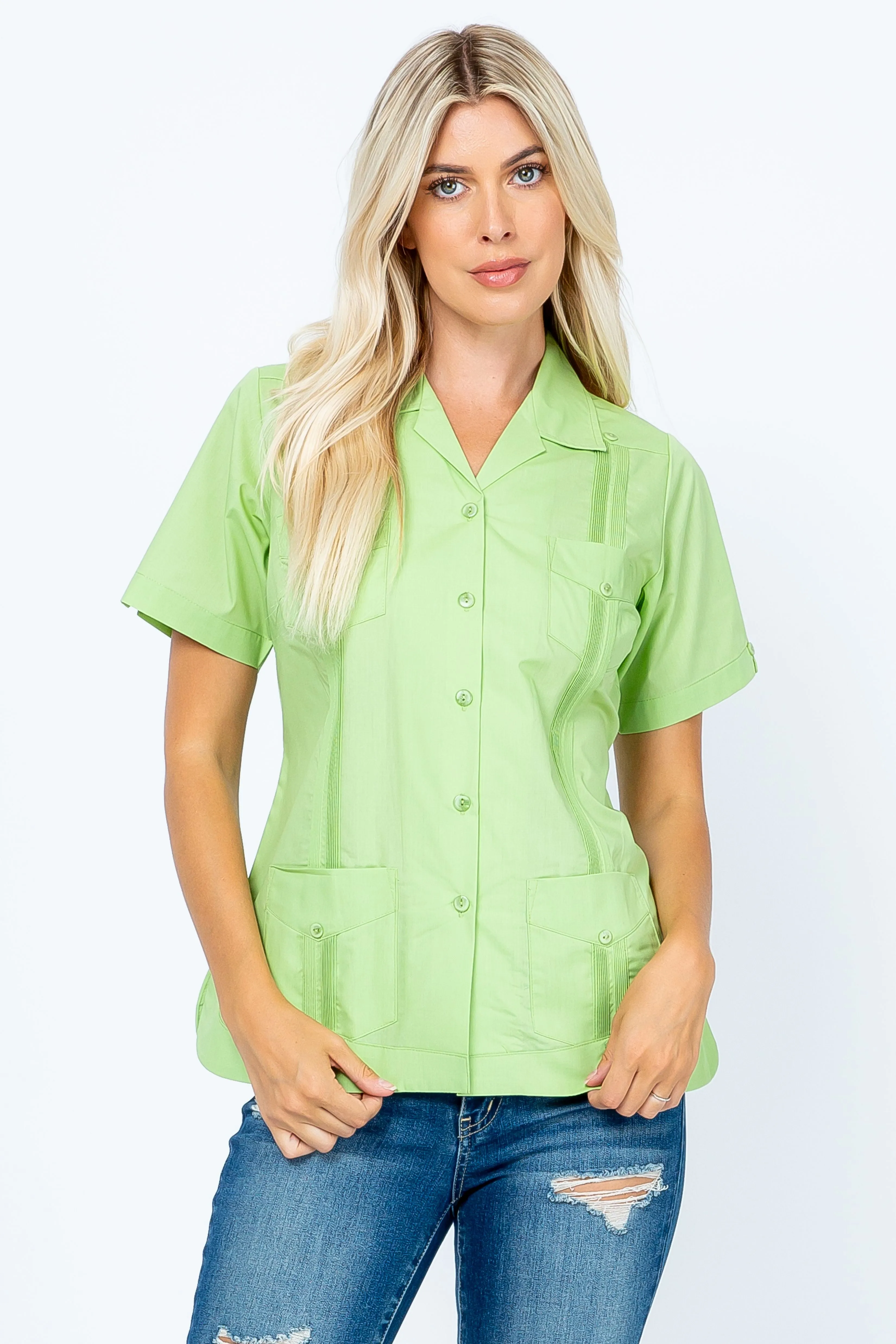 Mojito Women's Traditional Guayabera Shirt Cotton Blend 4 Pocket Design Short Sleeve