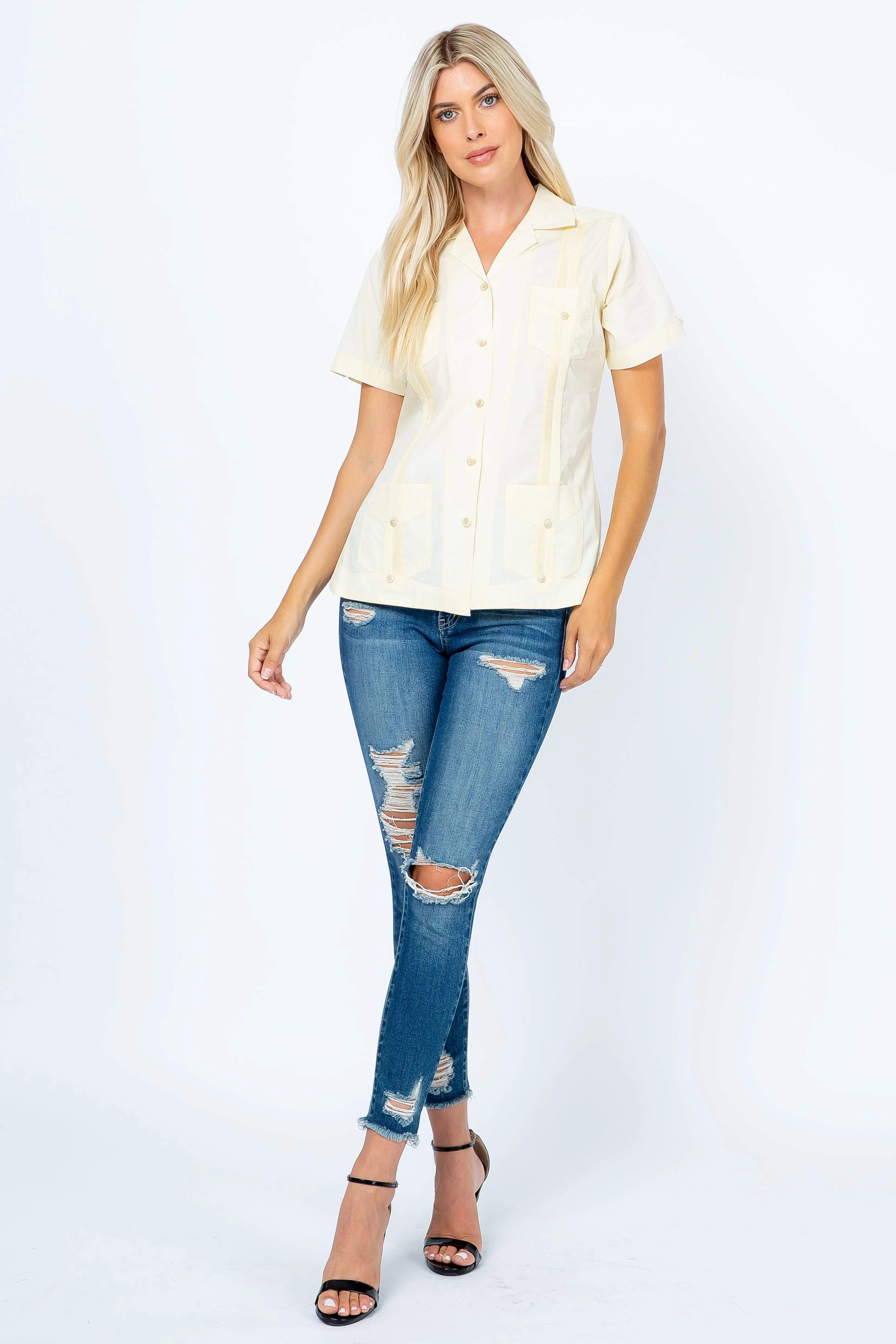 Mojito Women's Traditional Guayabera Shirt Cotton Blend 4 Pocket Design Short Sleeve