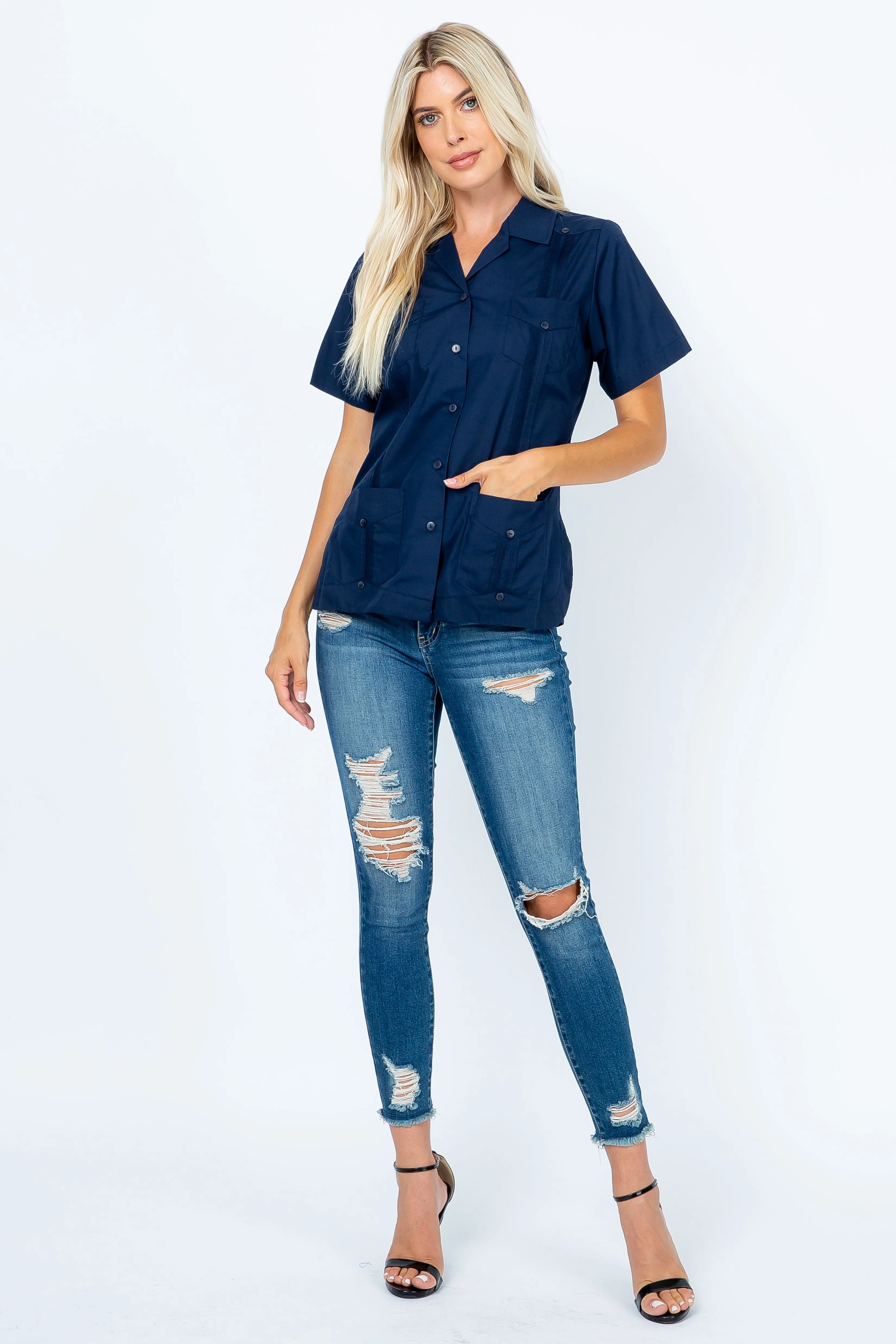 Mojito Women's Traditional Guayabera Shirt Cotton Blend 4 Pocket Design Short Sleeve