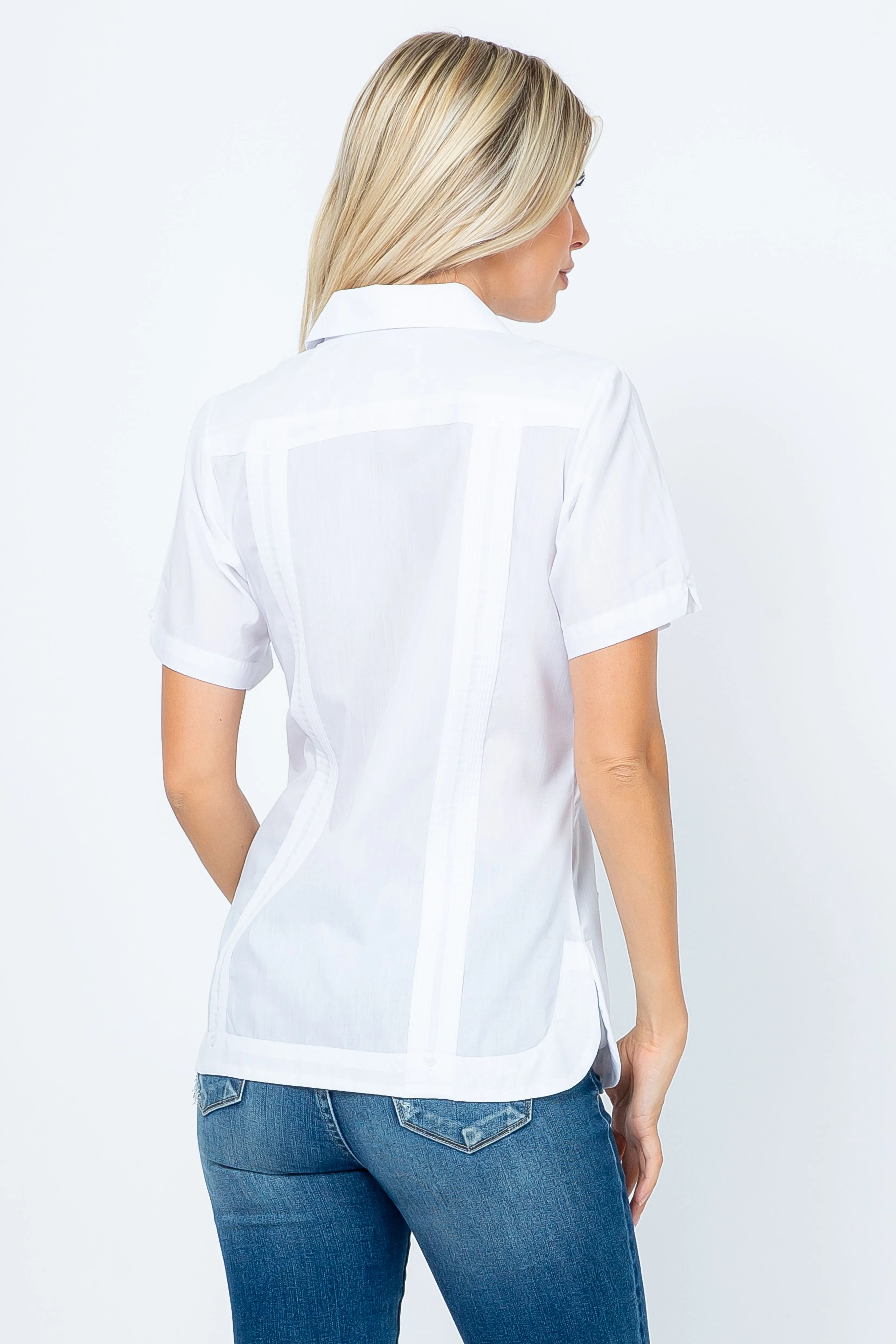 Mojito Women's Traditional Guayabera Shirt Cotton Blend 4 Pocket Design Short Sleeve