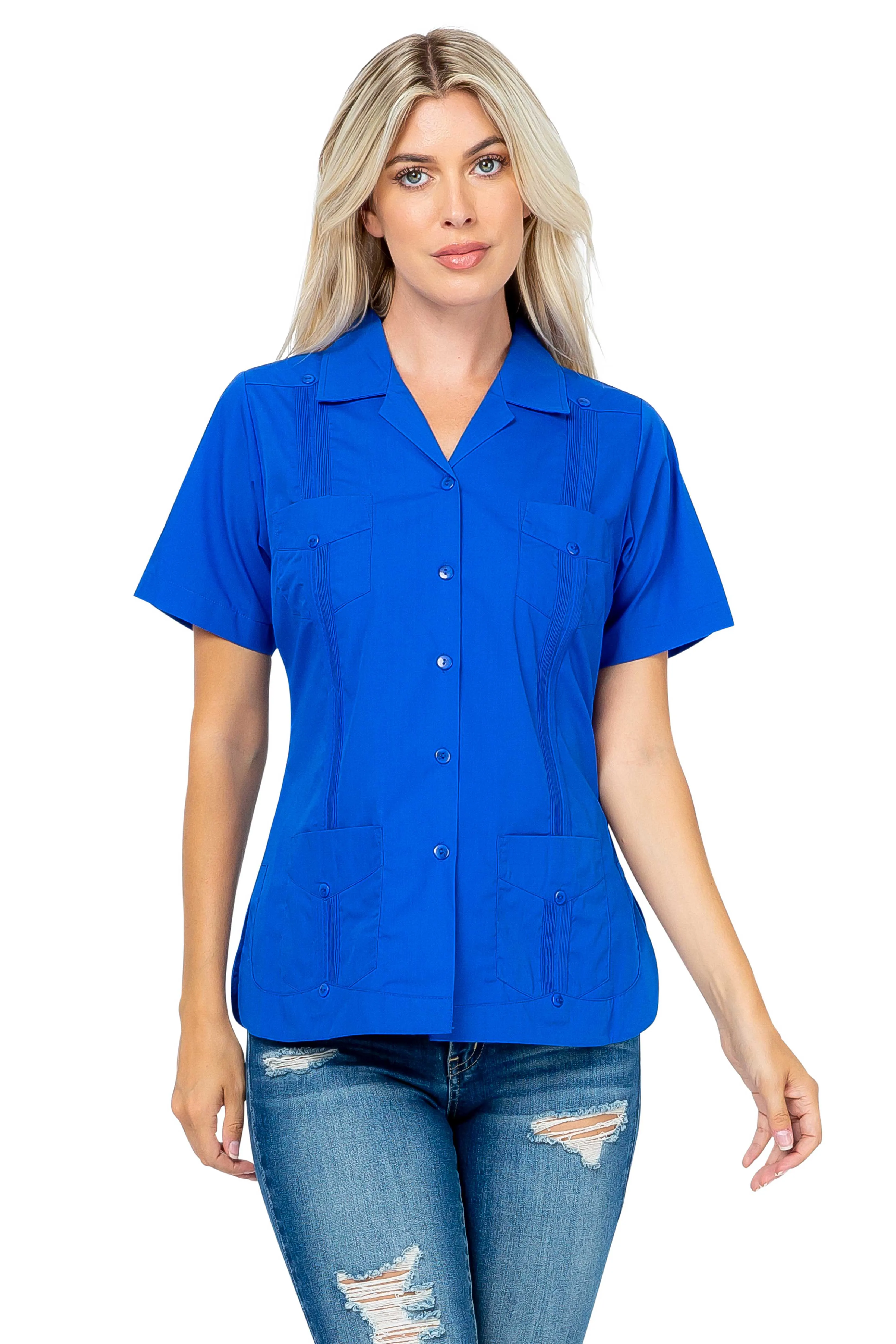 Mojito Women's Traditional Guayabera Shirt Cotton Blend 4 Pocket Design Short Sleeve