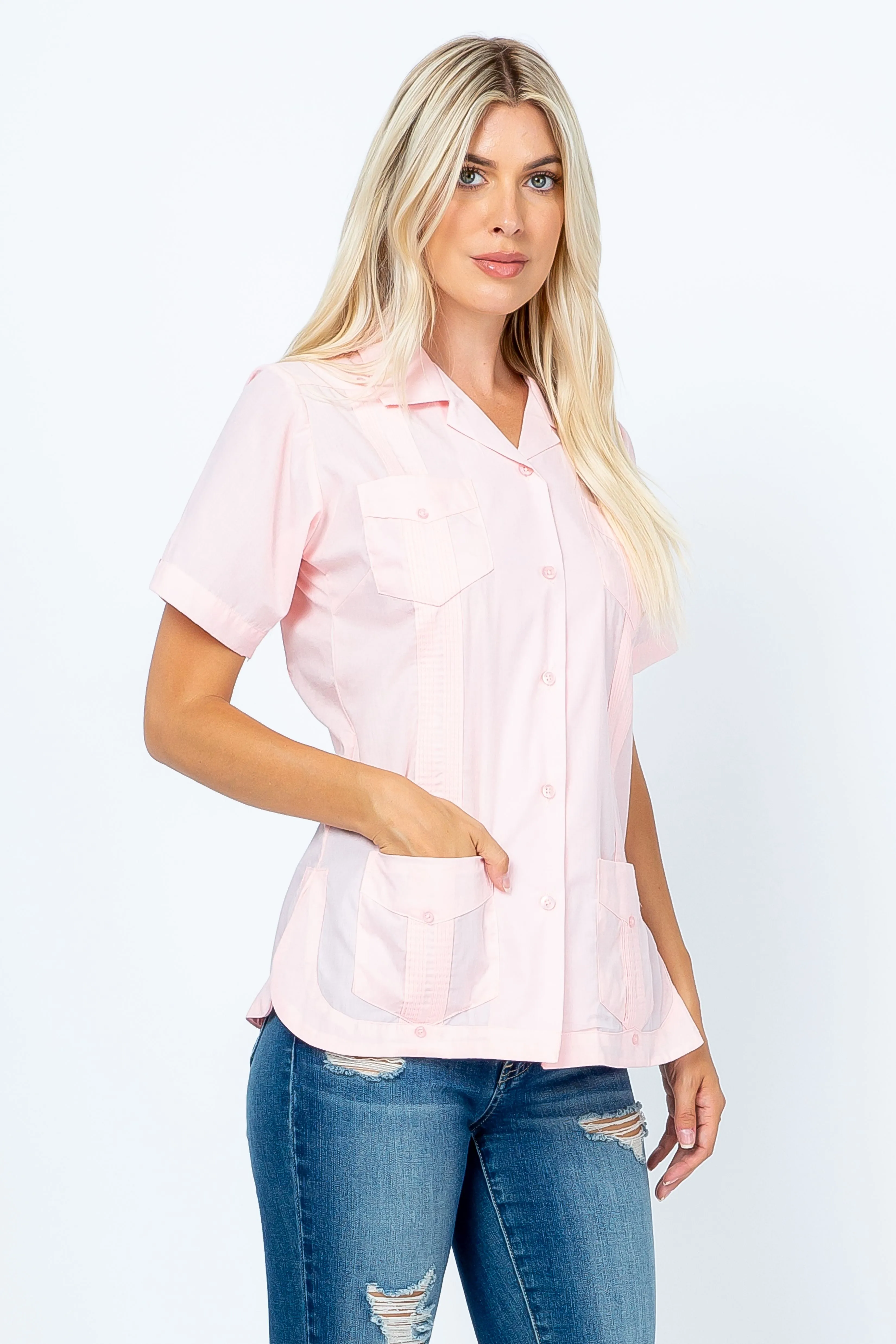 Mojito Women's Traditional Guayabera Shirt Cotton Blend 4 Pocket Design Short Sleeve