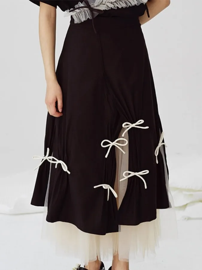 Monotone layered ribbon decorated skirt　X2469