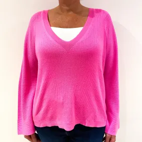 Neon Pink Ribbed Slouchy Cashmere V-Neck Jumper Large