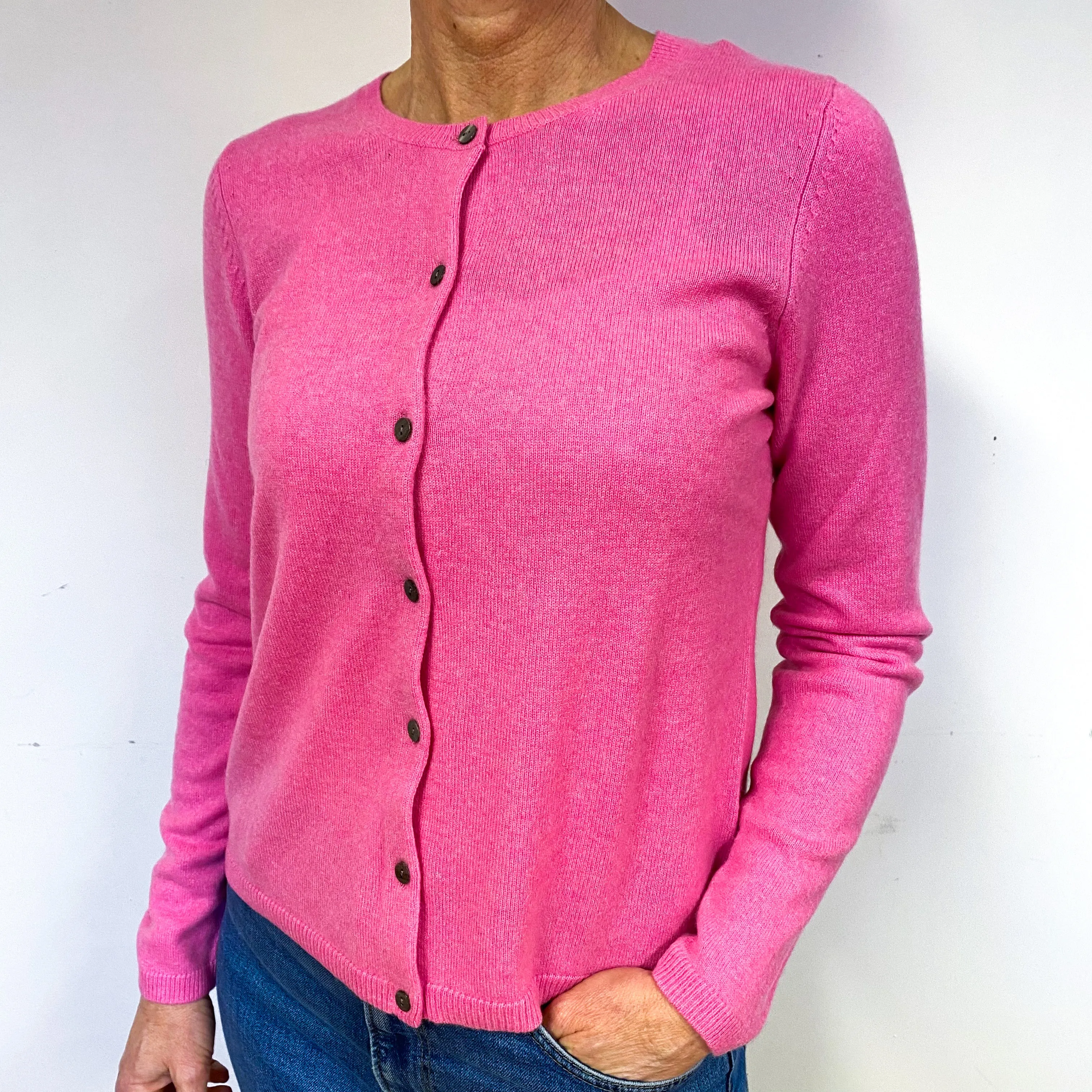 New Bright Pink Cashmere Crew Neck Cardigan Medium