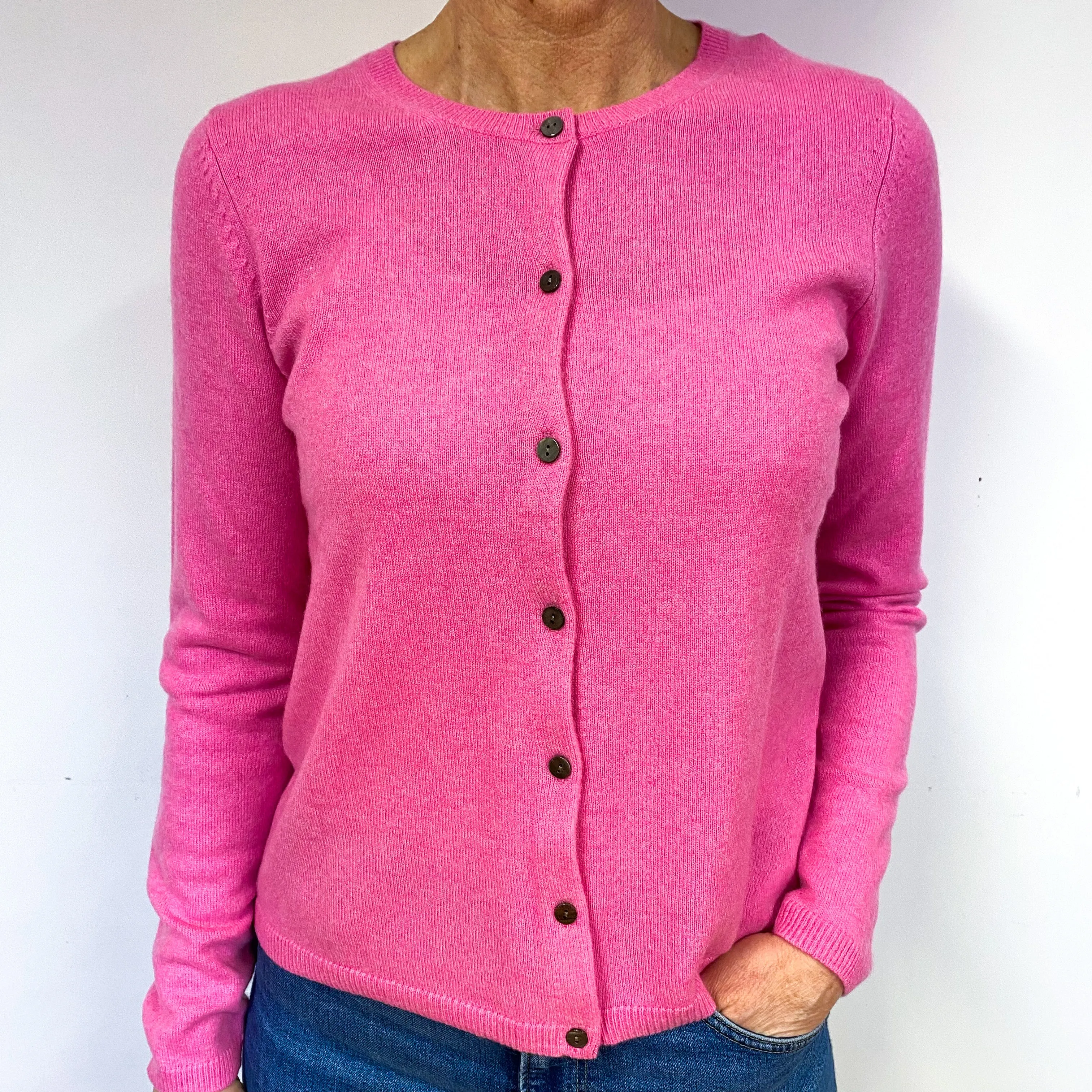 New Bright Pink Cashmere Crew Neck Cardigan Medium