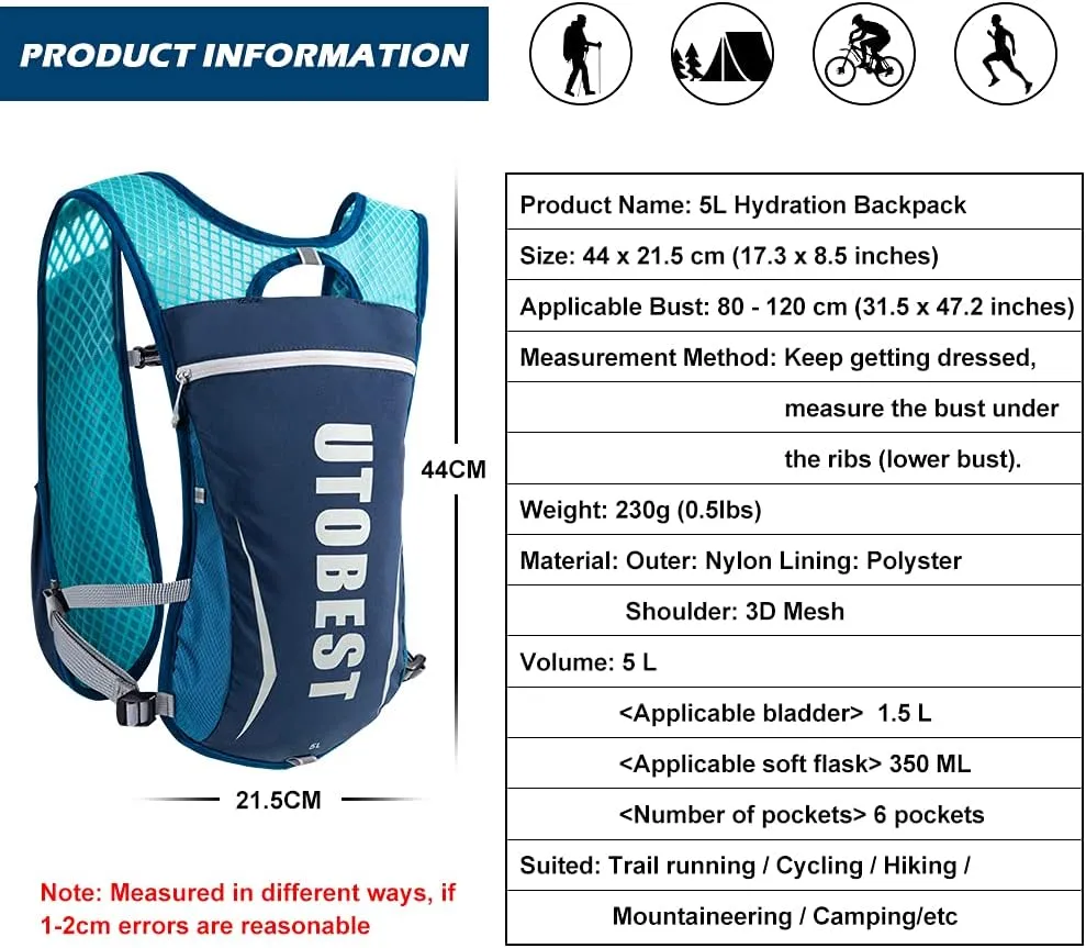 NEW Retails $54, UTOBEST Running Vest, 5L Hydration Vest Lightweight, Breathable and Sweatproof Running Backpack, Adjustable Running Hydration Vest for Trail Running Marathon Race Jogging Cycling
