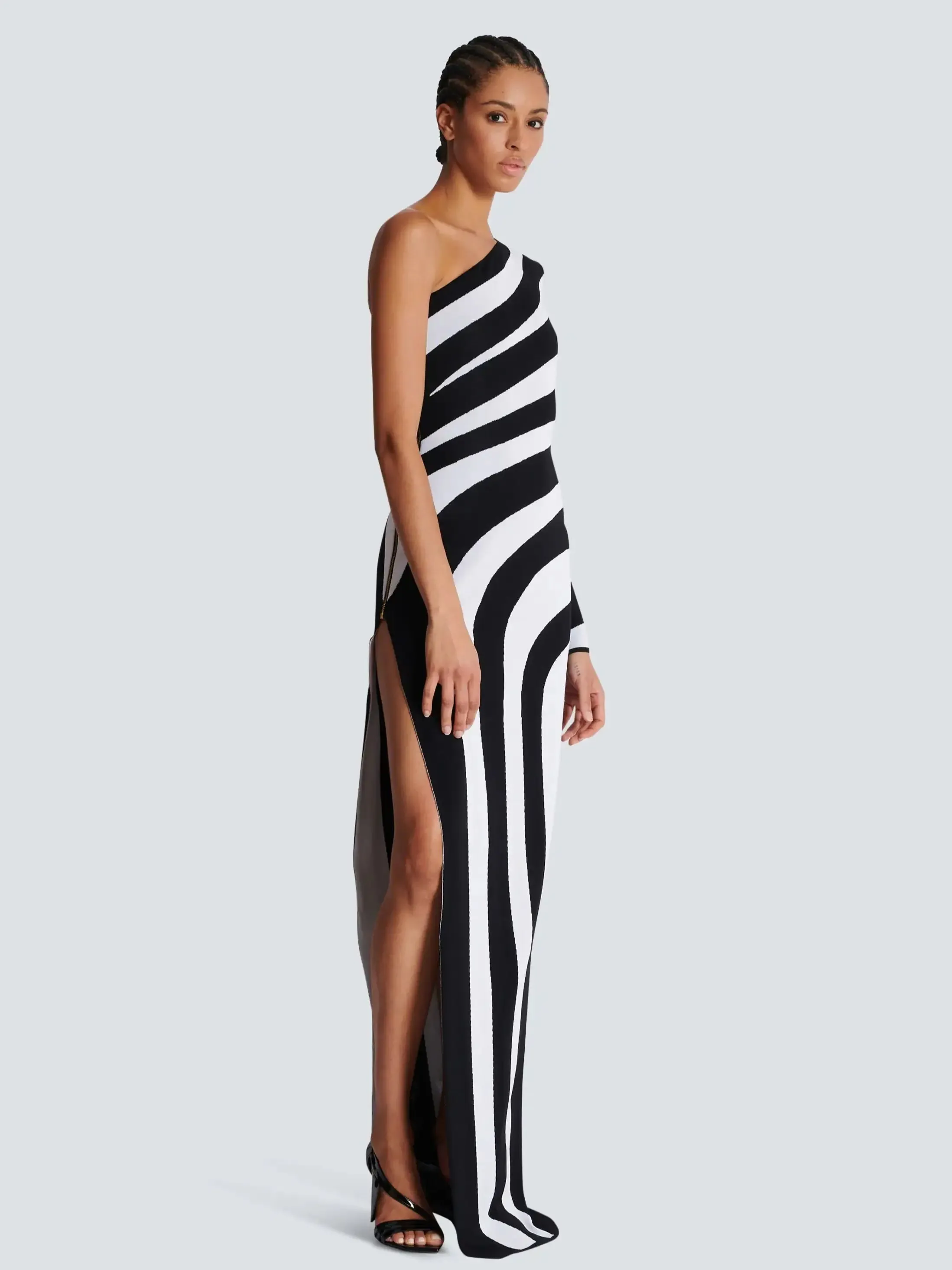 One Shoulder Striped Jacquard Knitted Evening Party Dress
