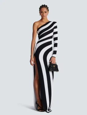 One Shoulder Striped Jacquard Knitted Evening Party Dress