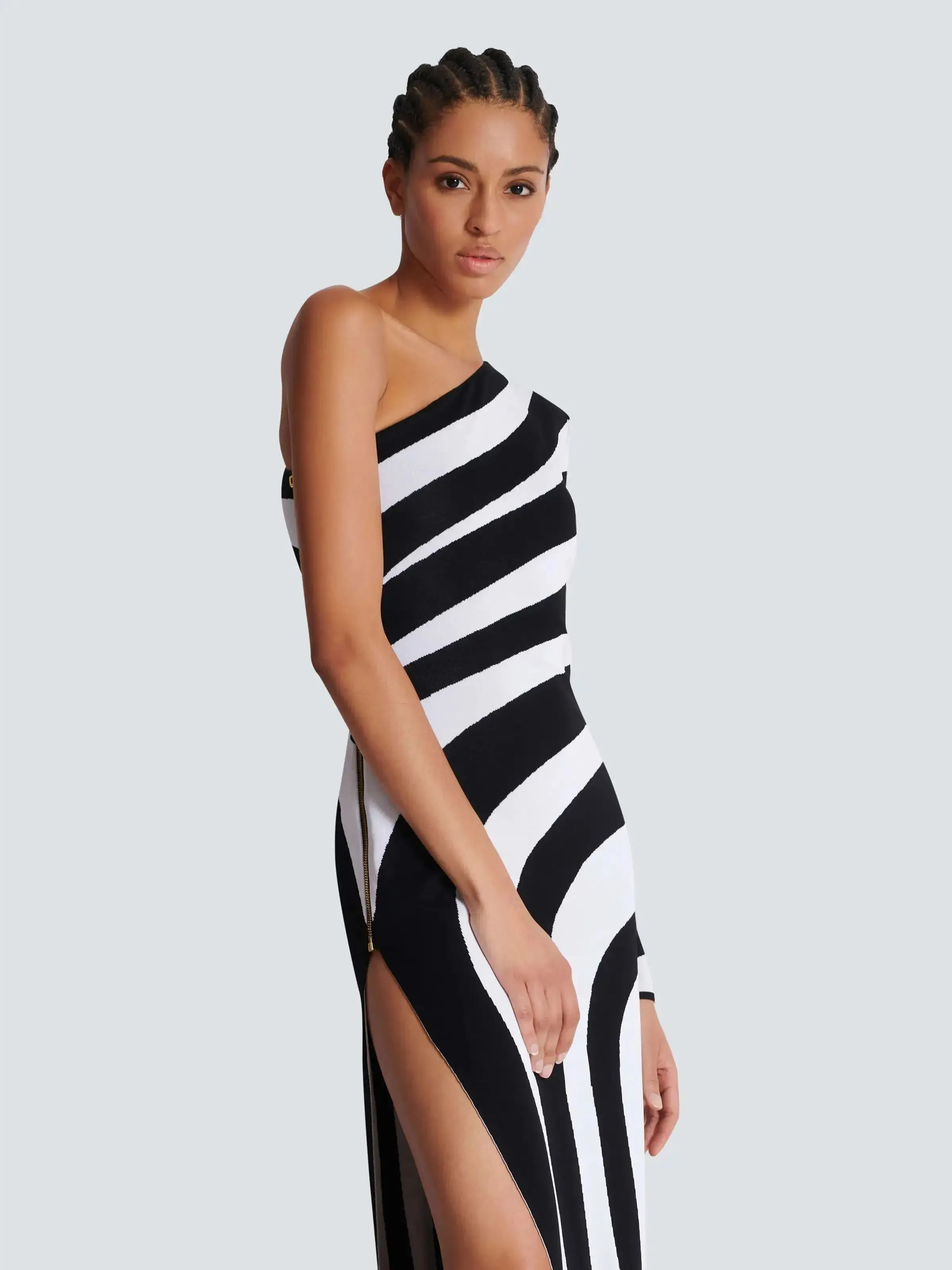 One Shoulder Striped Jacquard Knitted Evening Party Dress