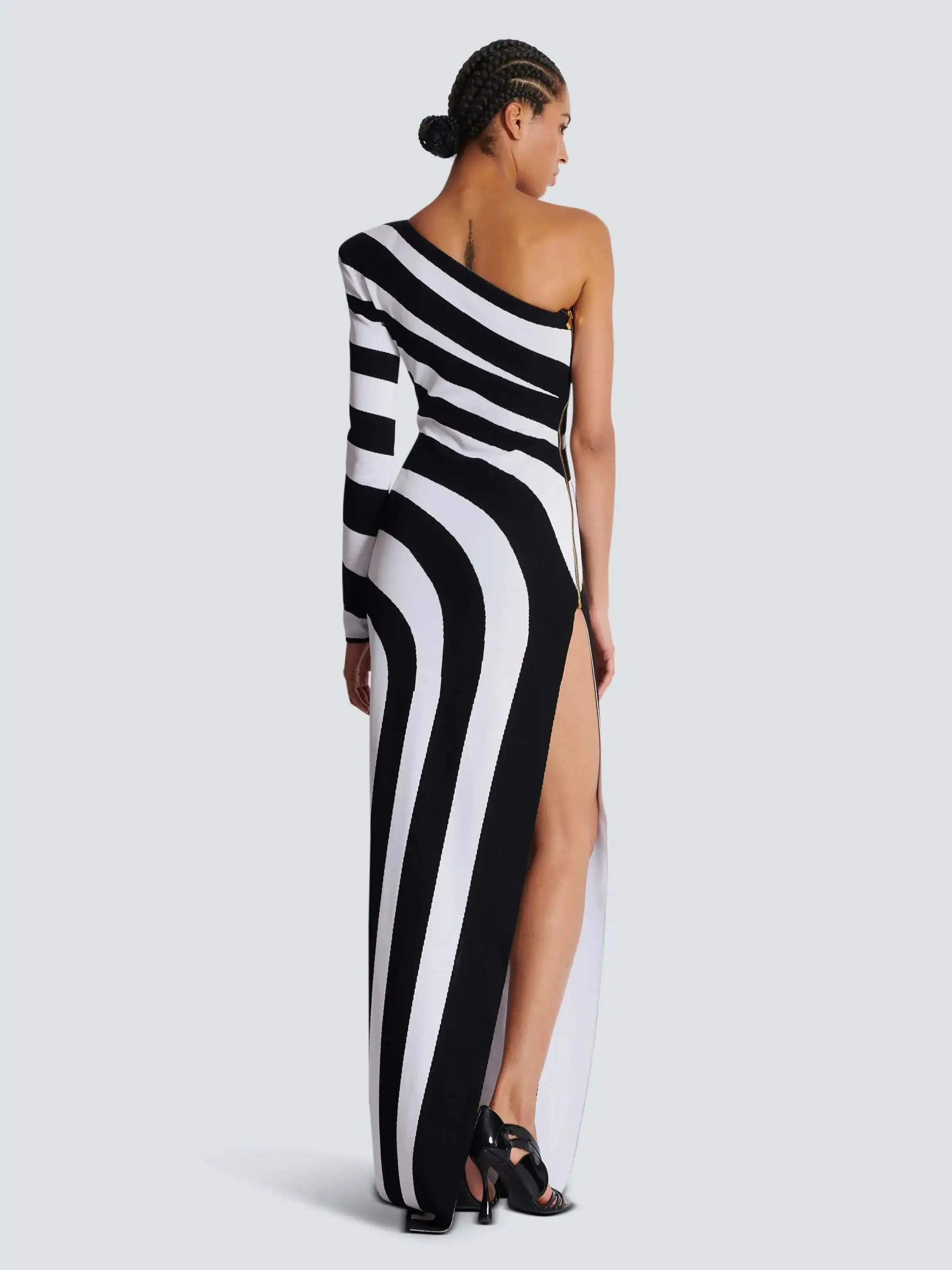 One Shoulder Striped Jacquard Knitted Evening Party Dress