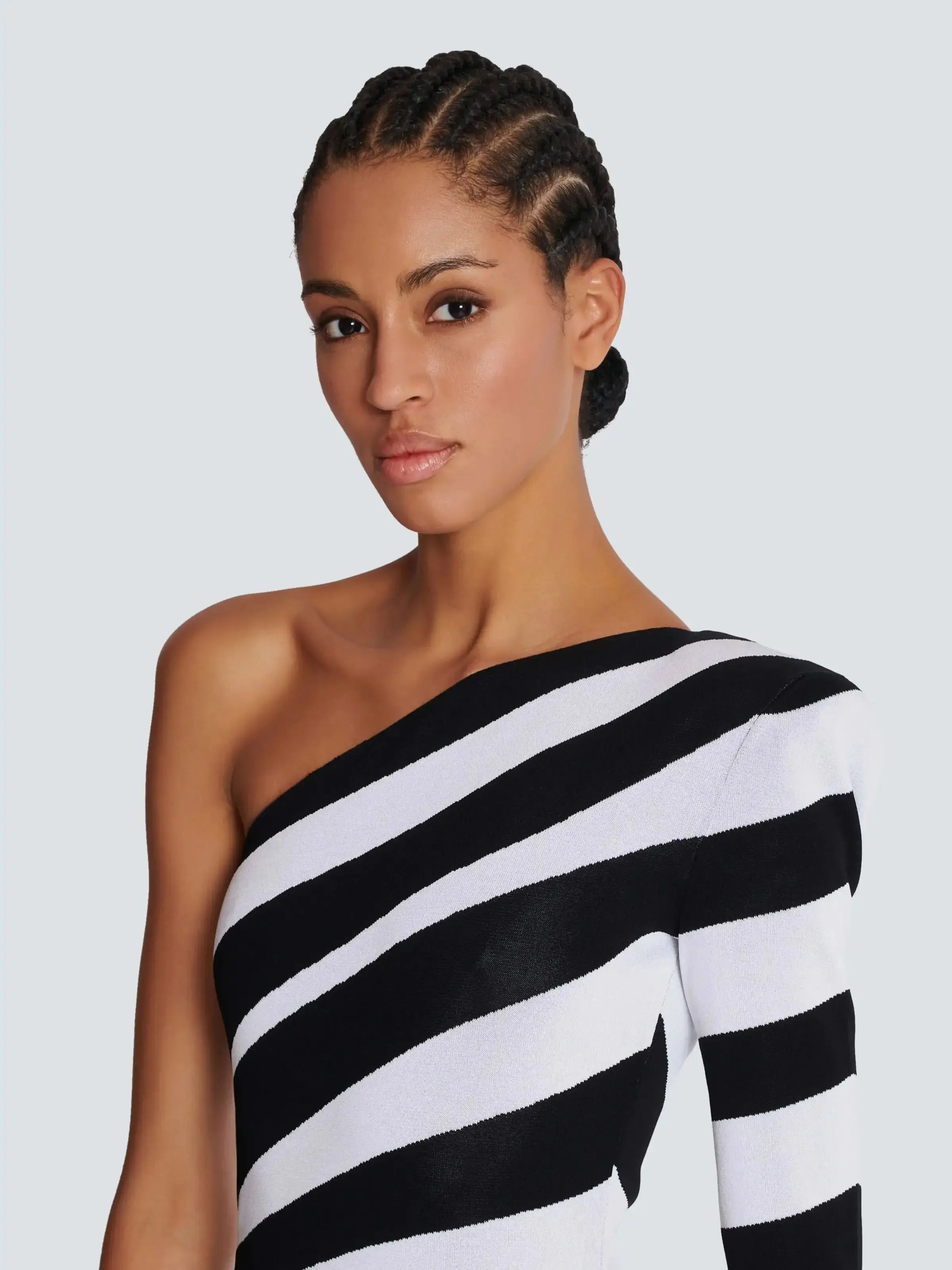 One Shoulder Striped Jacquard Knitted Evening Party Dress