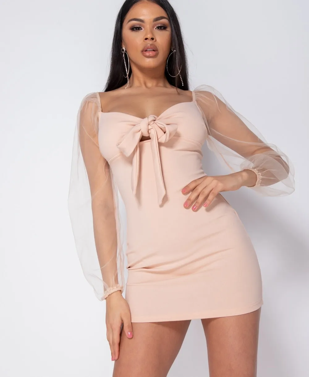 Pastel Tie Up Detail Long Sheer Sleeve Bodycon Mini Dress