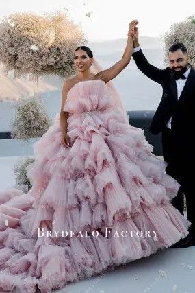 Pink Tulle Strapless Tiered Long Train Wedding Dress