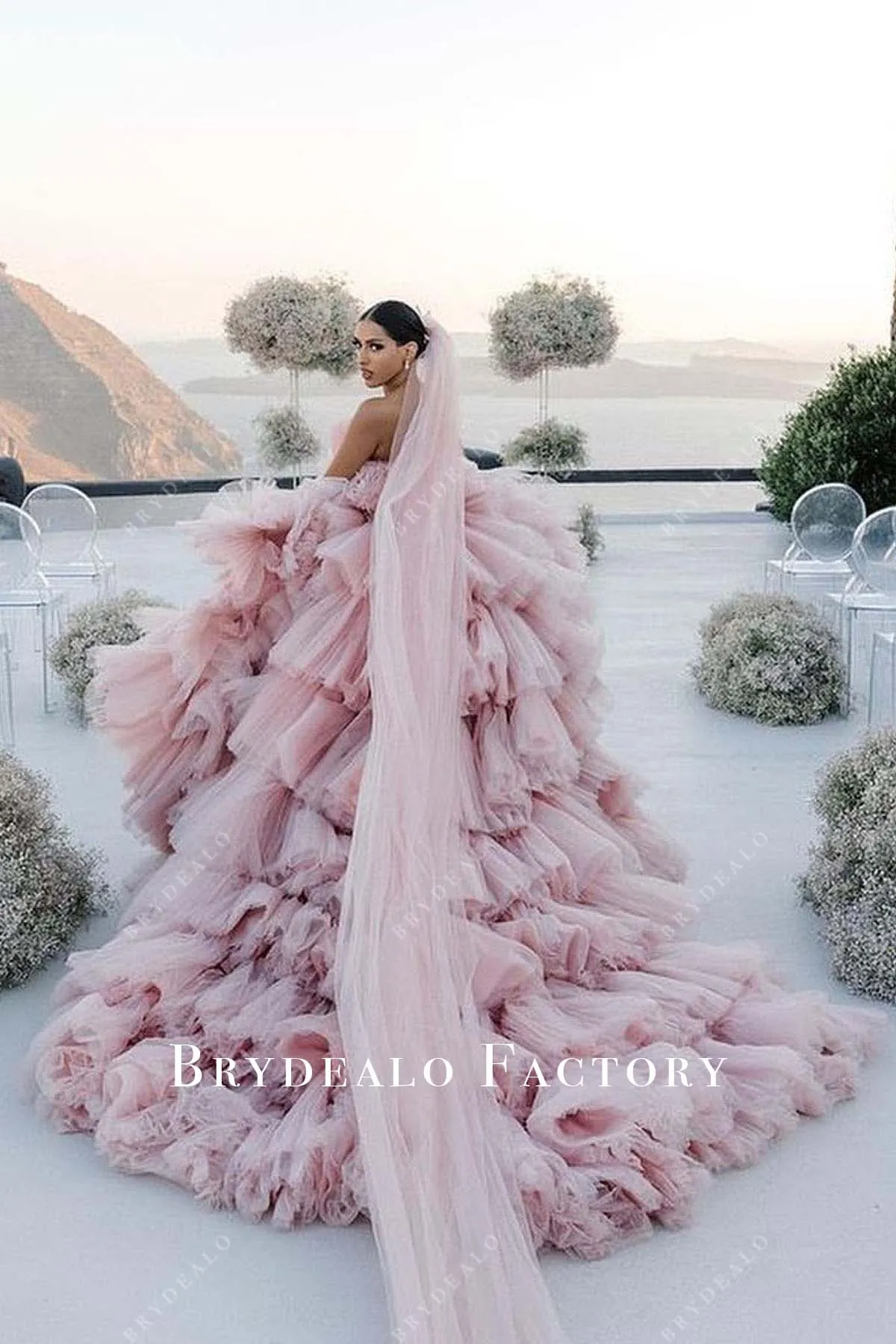 Pink Tulle Strapless Tiered Long Train Wedding Dress