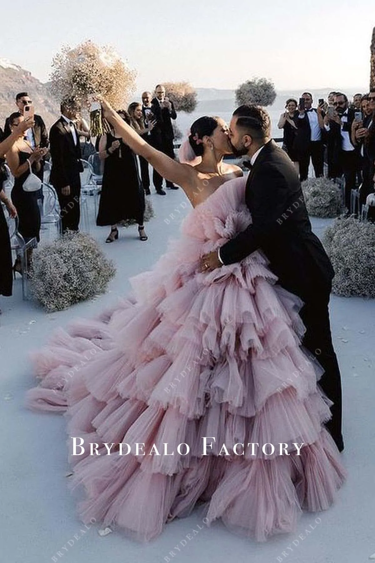 Pink Tulle Strapless Tiered Long Train Wedding Dress
