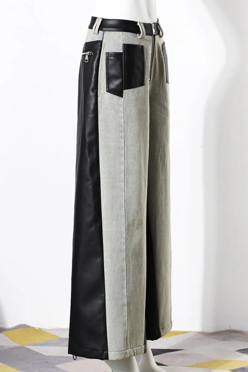 PK0658 Leather Denim Fashion Pants