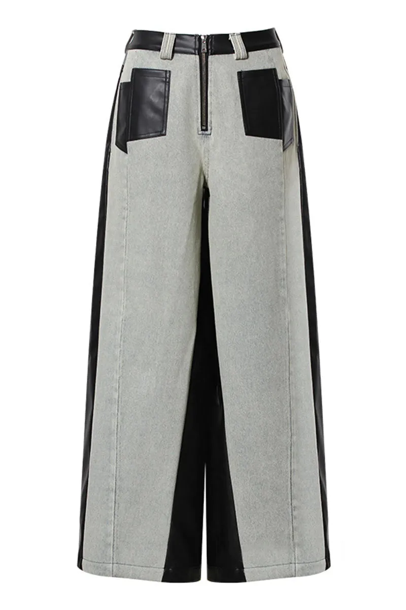 PK0658 Leather Denim Fashion Pants