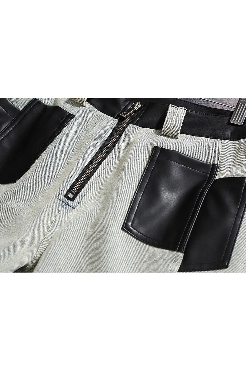 PK0658 Leather Denim Fashion Pants