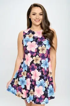 Plus Size Vibrant Hibiscus Printed Pocket Dress