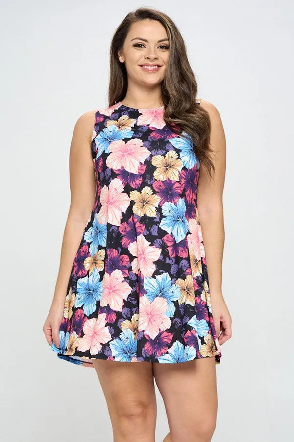 Plus Size Vibrant Hibiscus Printed Pocket Dress
