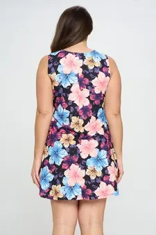 Plus Size Vibrant Hibiscus Printed Pocket Dress