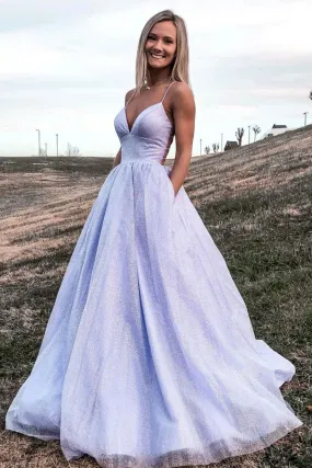 Purple V-Neck Spaghetti Strap Tulle Long Prom Dress, A-Line Backless Evening Dress